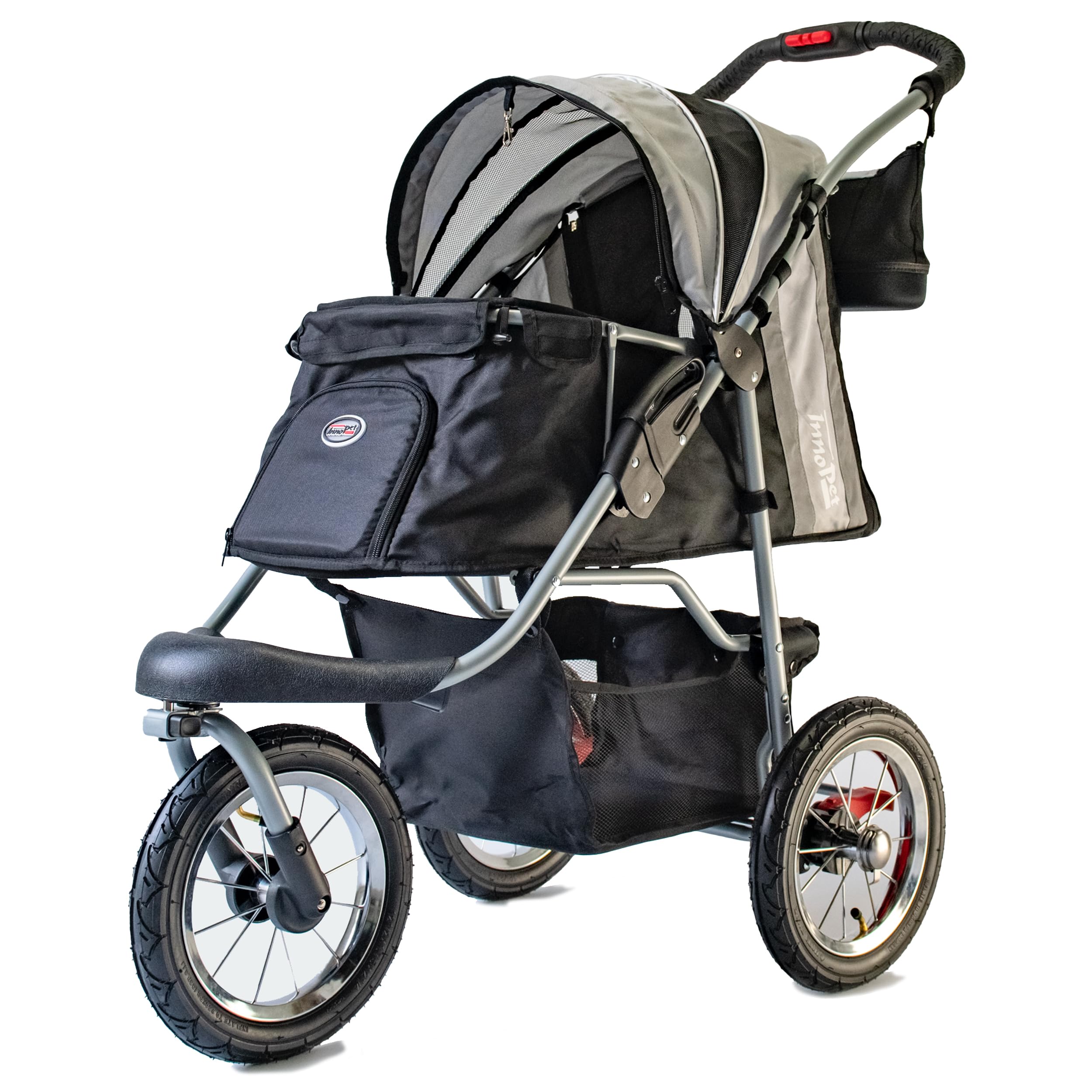 Hundebuggy Innopet Comfort Air Eco Schwarz/Silber – Hundewagen Katzenwagen mit 30cm Luftreifen, einhändig faltbar, für Waldwege geeignet – reflektierende Streifen, Organizer Vorderrad fixierbar
