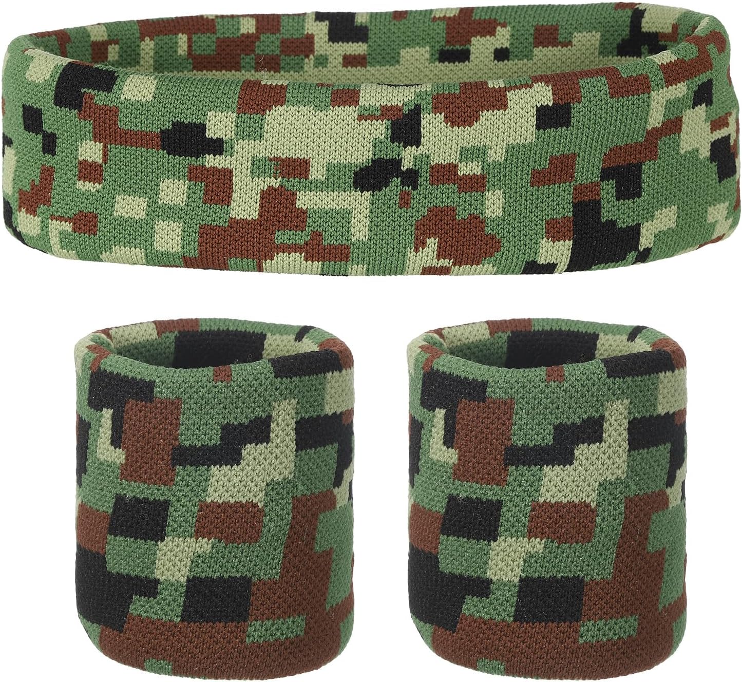 MECCANIXITY Sweat Band Set Sports Terry Cloth Headband Wristband Set Moisture Wicking Sweat Absorbing Head Band for Women Men Workout Exercise (Checkered Camouflage)