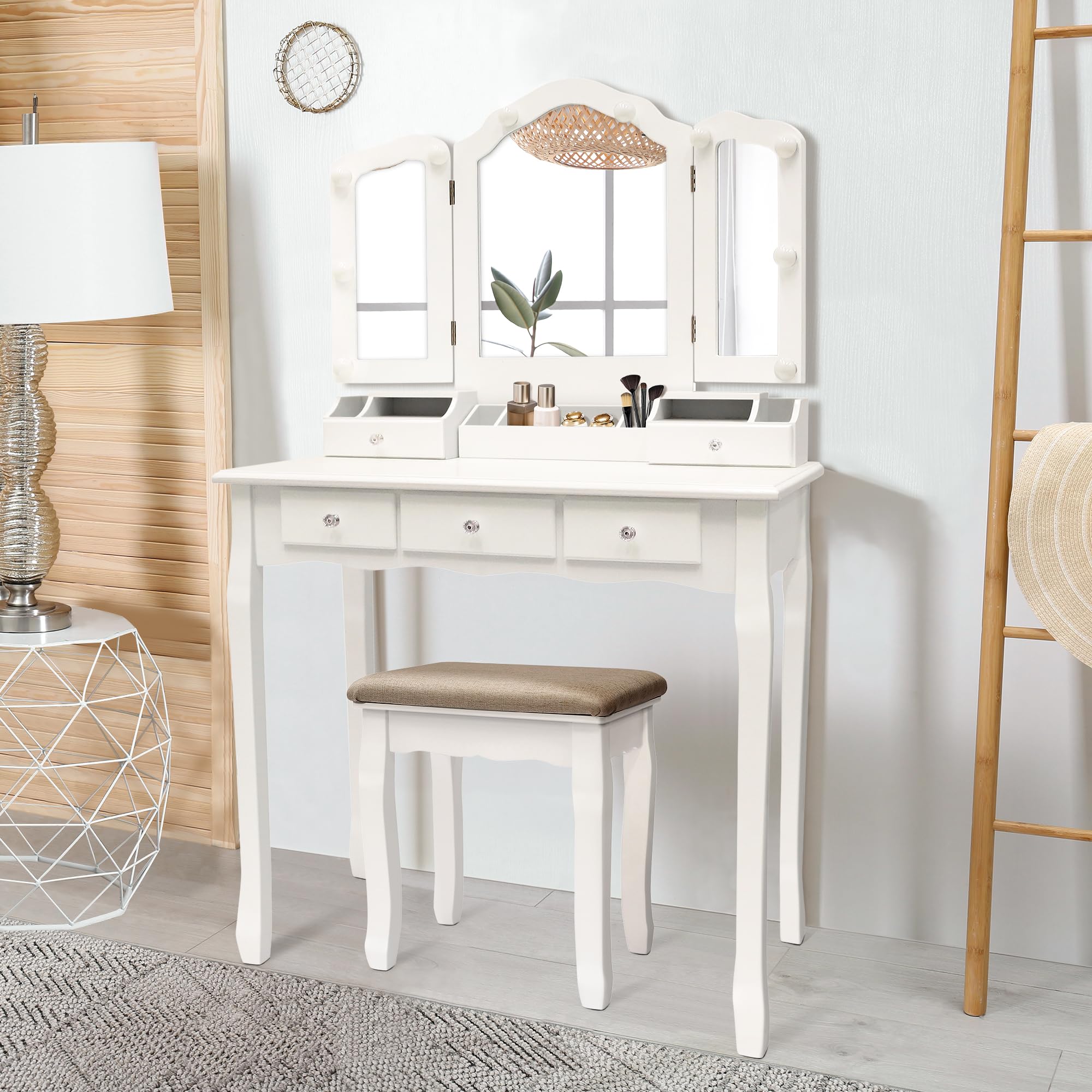 Vanity Table, Vintage Vanity Desk with Mirror and Lights, Tri-Fold Mirror  Small Makeup Vanity with Chair, Vanity Set for Bedroom and Small