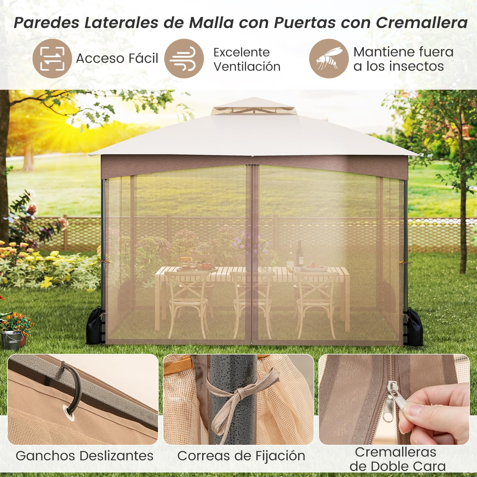 COSTWAY Carpa Plegable 3,65x3m, Pop up, Pergola de Jardin con Paredes de Malla, Dosel de Techo Doble, Puertas con Cremallera, Estructura de Metal, Cenador Pabellón Jardin Exterior (Caqui)