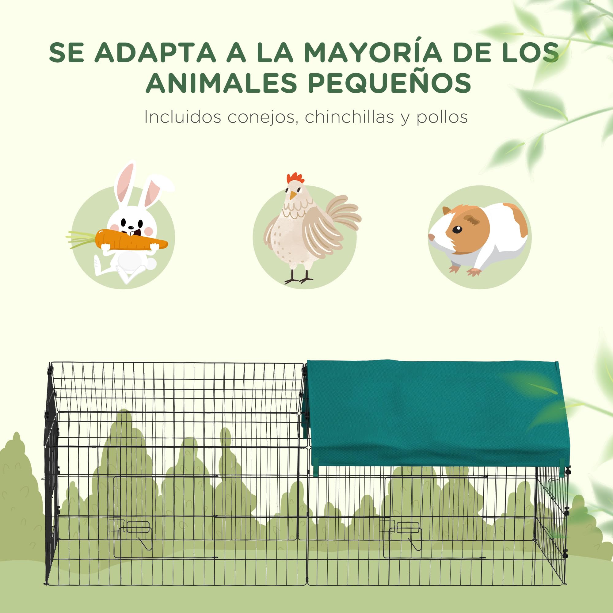 PawHut Jaula para Animales Pequeños Jaula para Roedores de Acero con Puertas y Tela Superior para Conejos Chinchillas Gallinas 185x75x75 cm Verde