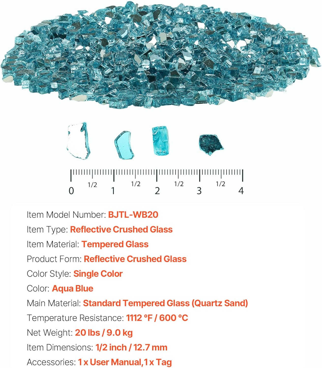 VEVOR Fire Glass, 20 lbs, Aqua Blue, 1/2 Inch High-Temperature Resistant Fireplace Rocks, Reflective & Smokeless Fire Pit Glass for Outdoor Table, Landscaping