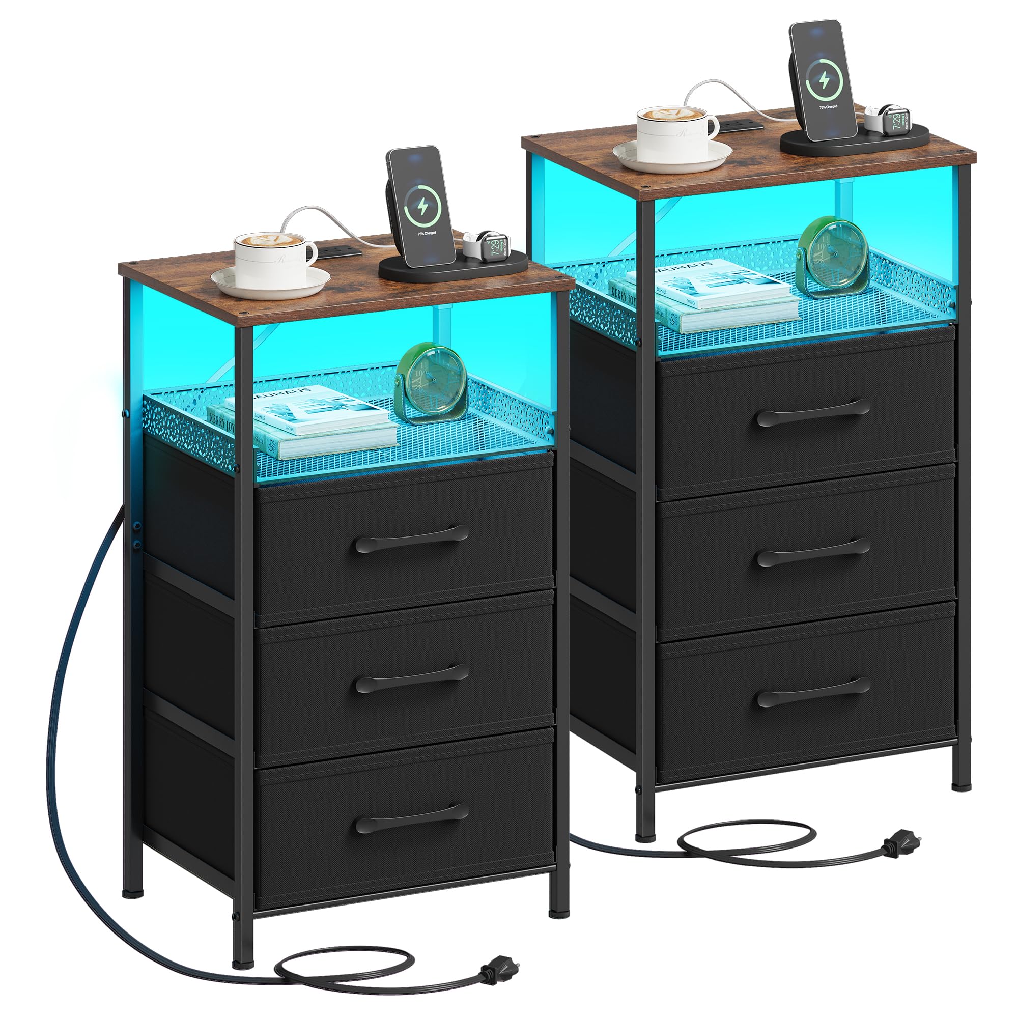 Night Stand Set 2 with Charging Station, 3 Drawer Nightstands with LED Lights, End Table with Outlets and USB Ports, Side Table with Open Shelf, Bedside Tables for Bedroom, Rustic Brown