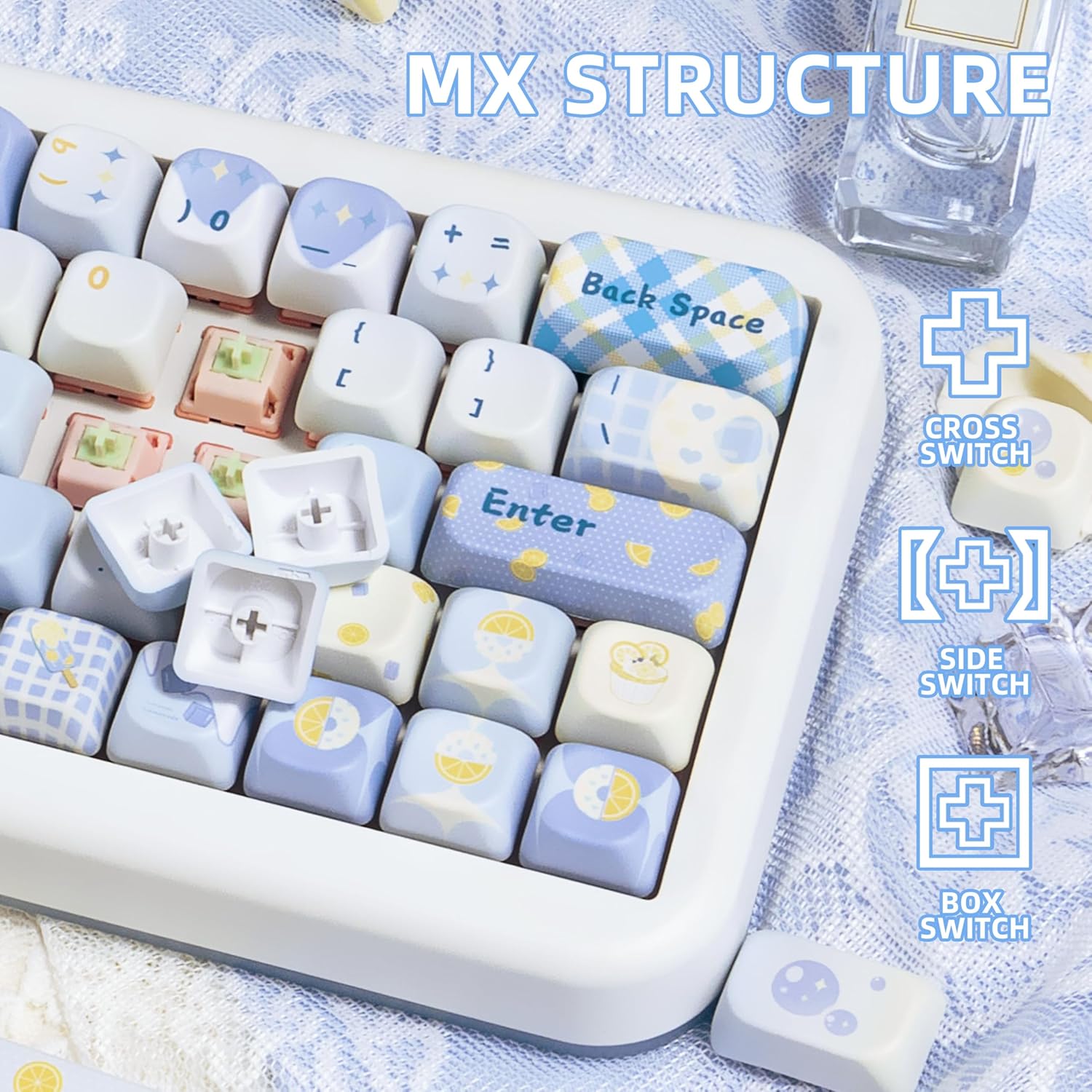 Baby Blue PBT Keycaps Set - Cute Custom FOA Profile, 5 Side Dye Sublimation Lemon Keycap for Mechanical Gaming Keyboard -145 Keys