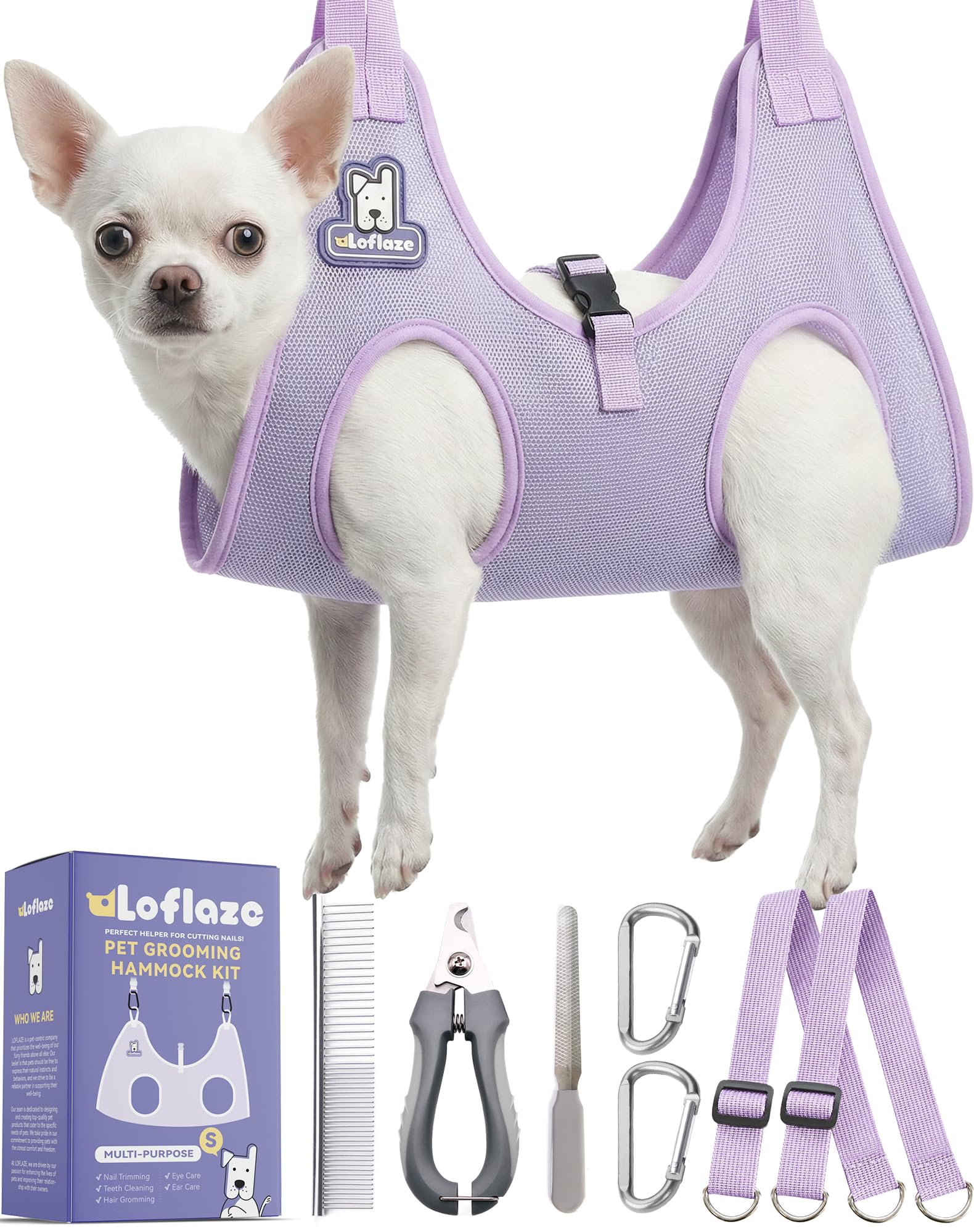 Loflaze Dog Grooming Hammock Harness for Dogs & Cats with Pet Nail Clipper Trimmer - Cat Hanger Sling for Trimming Clipping Nails- Dog Hammock Restraint Bag for Small Medium Large pet ( Purple XS) — image 1