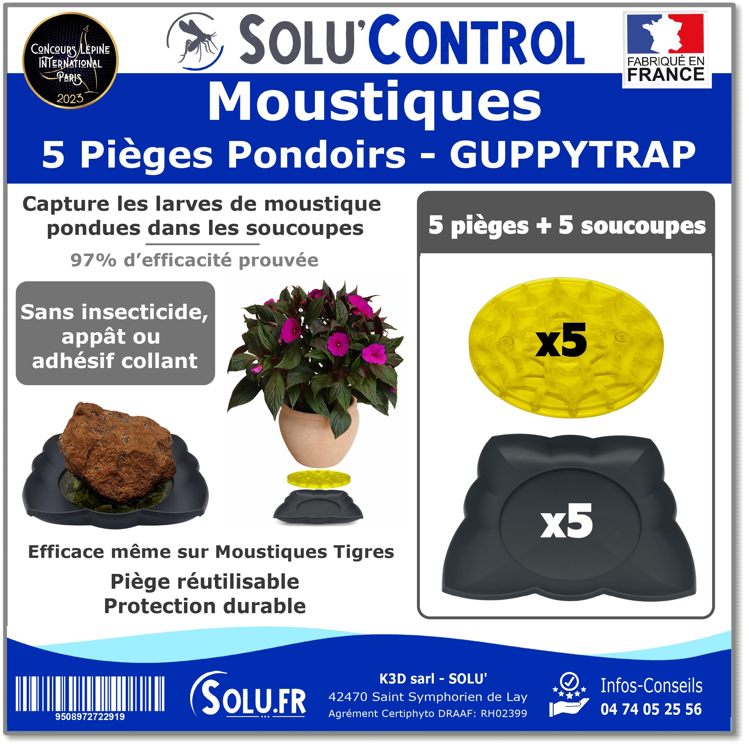 5 Guppy Trap + 5 coupelles, Piège Pondoir à Moustiques Écologique, sans Insecticide, sans Adhésif, Médaille d'argent Concours Lépine 2023, Fabriqué en France