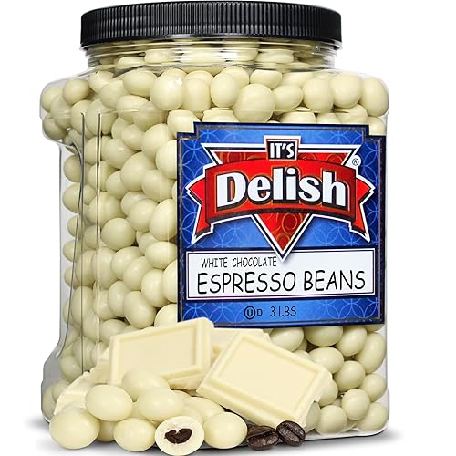 Its Delish - Granos de espresso cubiertos de chocolate blanco, contenedor reutilizable jumbo de 3 libras  Granos de café de chocolate blanco lácteos