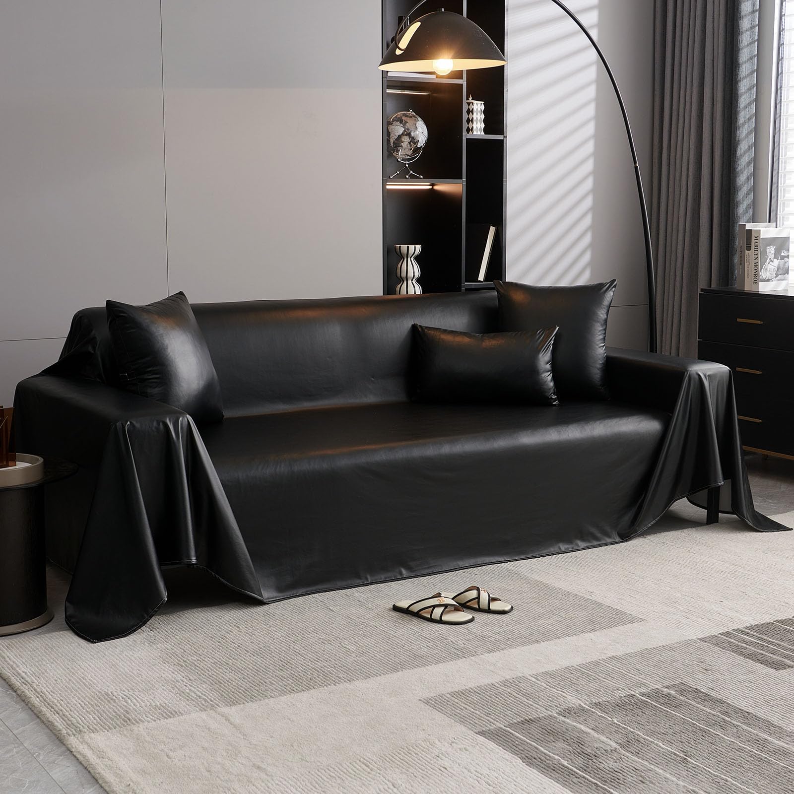 wasserdichte Sofabezüge aus PU Leder für Anbausofas Vintage Couchbezug für Hunde Zweisitzer Bezüge Futon Bezug L förmiger Bezug abwischbarer Couchschutz (schwarz 180 x 383 cm)