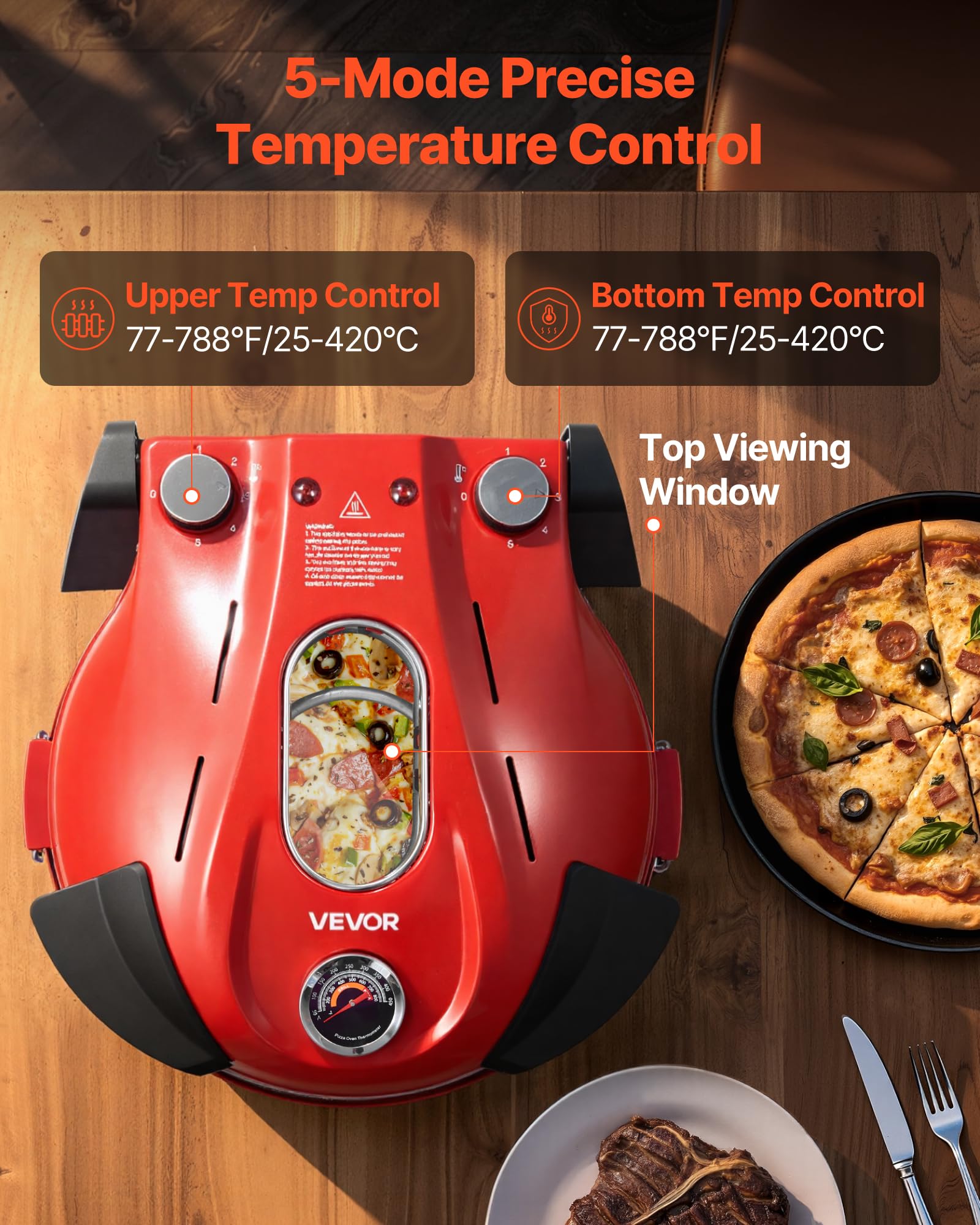 VEVOR Pizzaofen elektrischer Pizzamaker 1200 W Pizzakocher mit Cordieritstein, 5-stufige Temperaturregelung, Sichtfenster für präzises Kochen, erhitzt bis zu 420 °C, Backofen für Zuhause (rot)