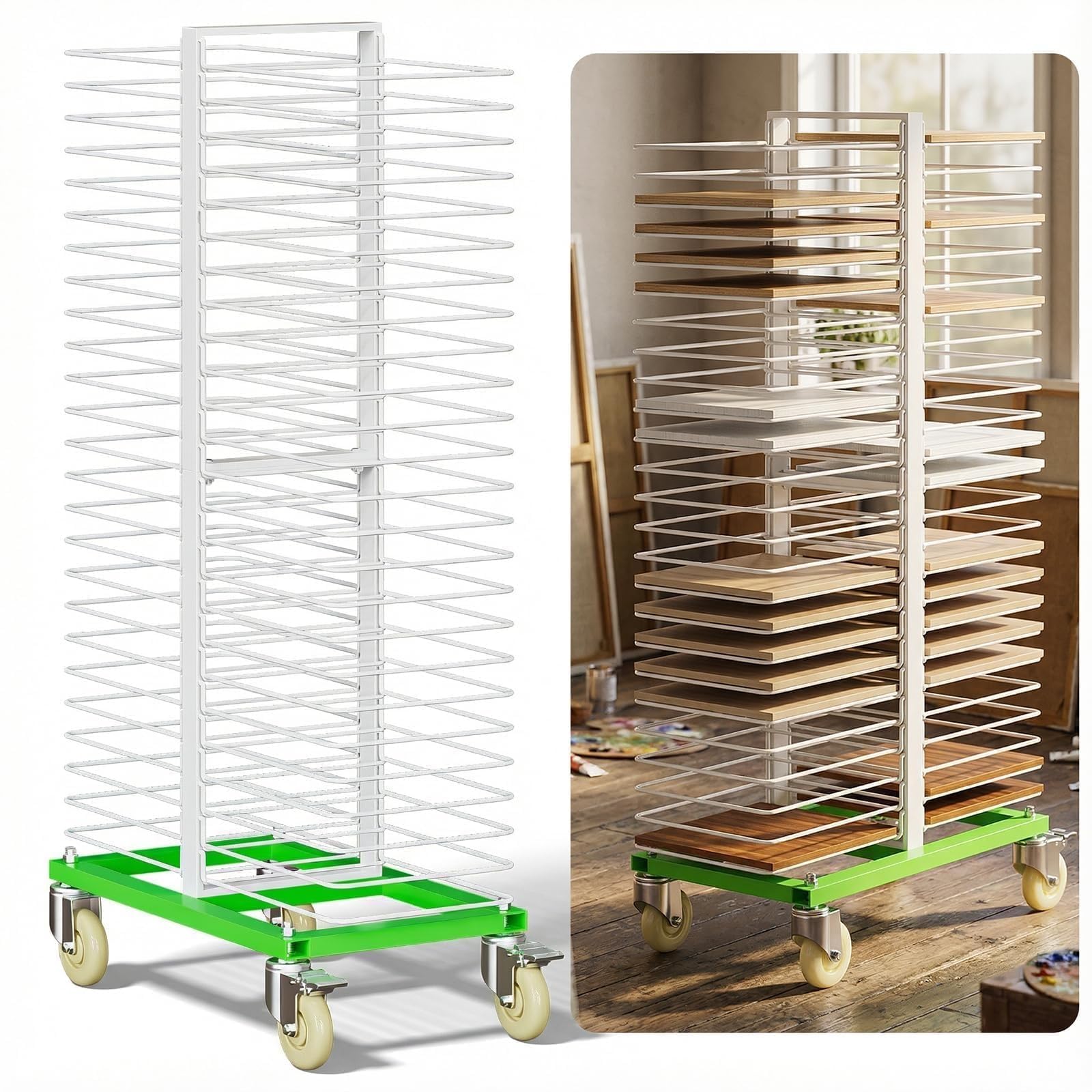 THEGA 50 Shelves Art Drying Rack, Total Load Capacity 800 Lbs Paint Drying Rack With 4 Casters Wheels, Movable Art Storage Rack For Classroom And Art Studios, 16 Lbs/Shelf Capacity