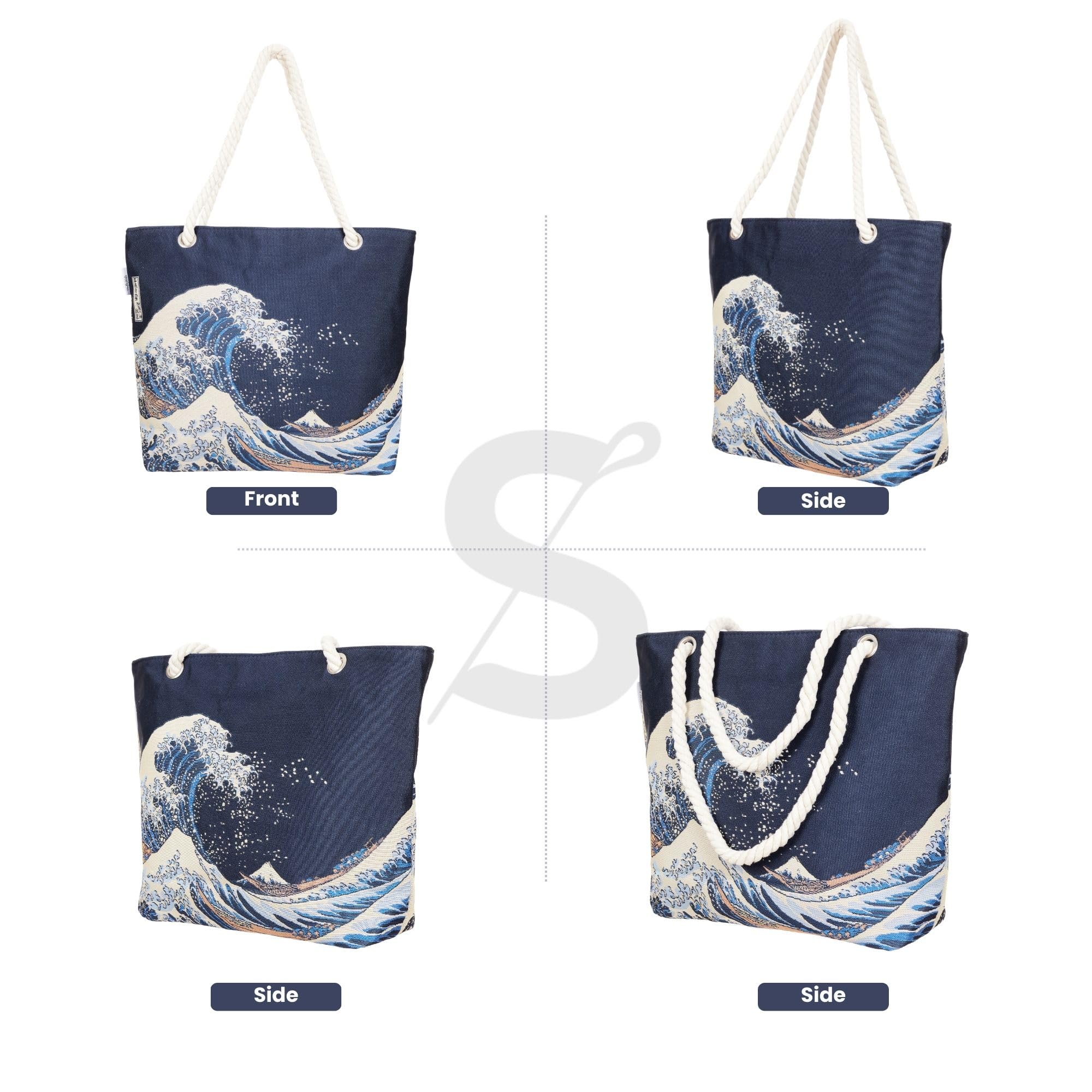 Signare Bolsa de playa con tapiz, gran ola de Kanagawa, diseño de museo británico con asas de cuerda (Great Wave Off Kanagawa, BEACH-BM-WAVE)