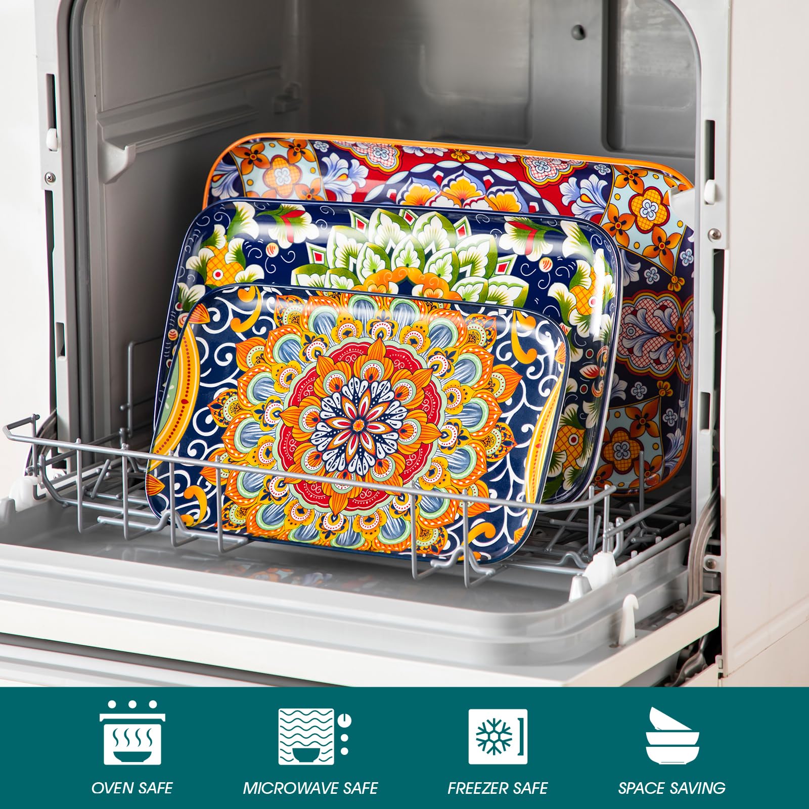 vancasso SIMI Juego de 3 Platos para Servir - Platos Rectangulares con 3 Tamaños para Aperitivos, Sushi, Fruta, Ensalada, Postre - Apto para Microondas/Horno/Lavavajillas - Estilo Bohemio Colorido