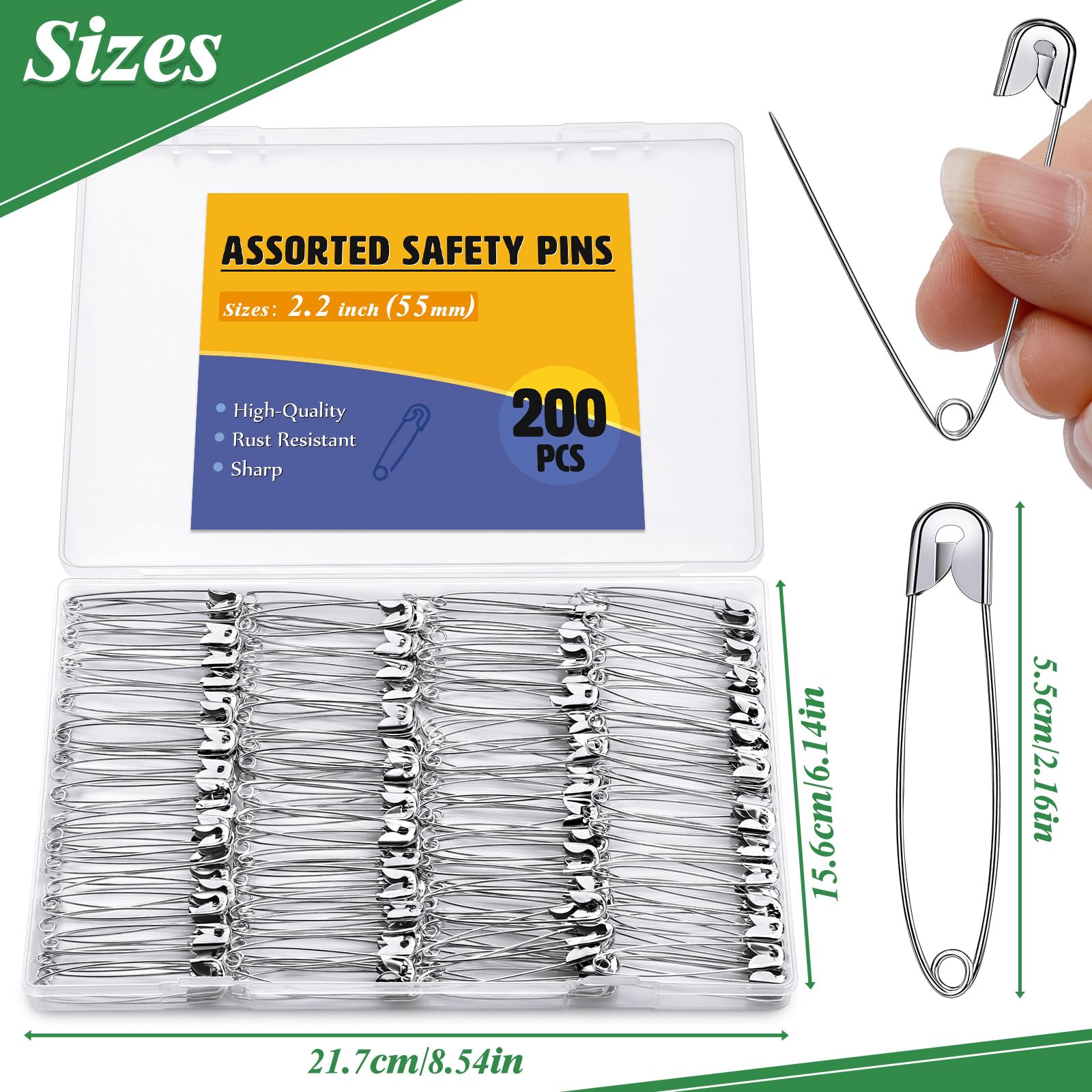 ENCHOL 200 Pcs Safety Pins, 2.2inch (55mm) Large Safety Pins for Clothes Safety Pin Heavy Duty for Arts Crafts - Image 2