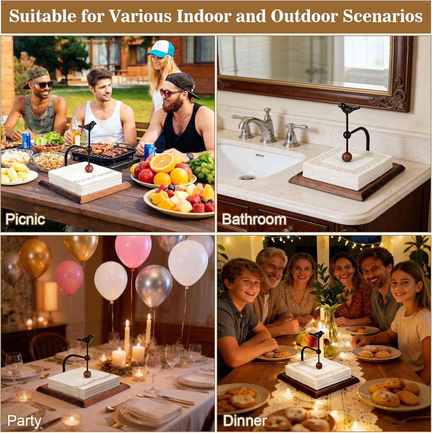 Napkin Holder for Table,Wooden Napkin Dispenser with Weighted Arm,Cocktail Napkin Holder for Kitchen,Party, Home Decor, Picnic, Bar,Cafe.