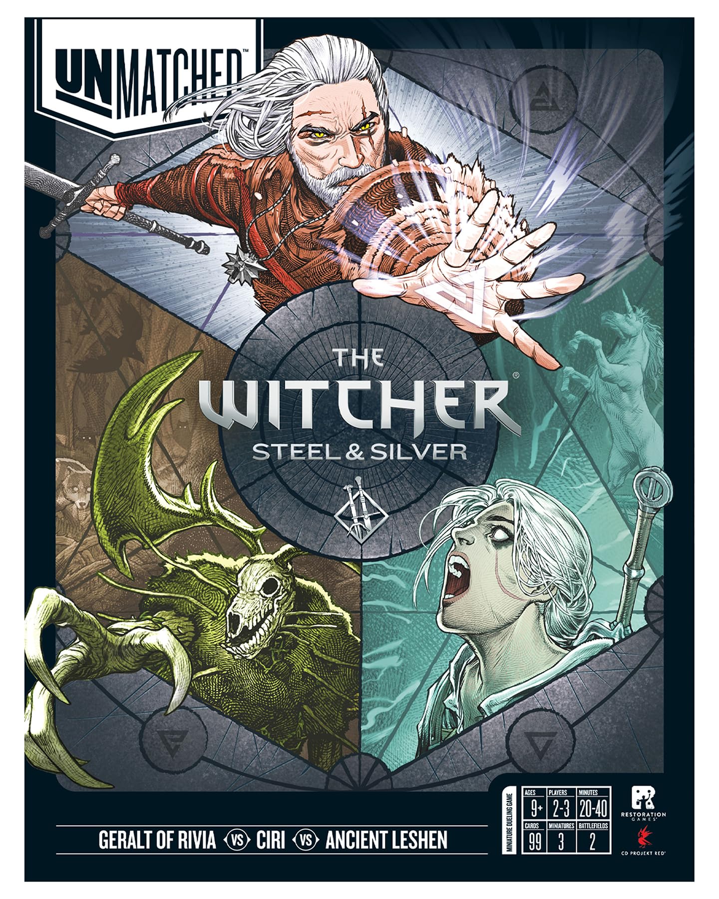 Restoration Games Unmatched The Witcher Steel & Silver - Strategy Board Game for Adults - Witcher Heroes Expansion with Double Sided Battlefield - 2-3