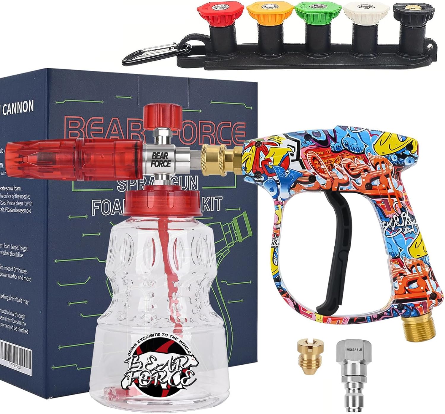BEAR FORCE Pressure Washer Spray Gun Power Washer Short Gun with M22 Inlet-14mm & Foam Cannon Foam Gun with 5 Nozzles Tips #035 & 3/8” Quick Connector, Additional Orifice Nozzle 1.10mm Car Washing BEAR FORCE Pressure Washer Spray Gun Power Washer Short Gun with M22 Inlet-14mm & Foam Cannon Foam Gun with 5 Nozzles Tips #035 & 3/8” Quick Connector, Additional Orifice Nozzle 1.10mm Car Washing