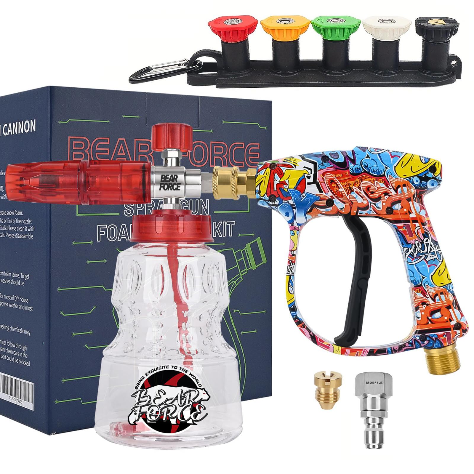 BEAR FORCE Pressure Washer Spray Gun Power Washer Short Gun with M22 Inlet-14mm & Foam Cannon Foam Gun with 5 Nozzles Tips #035 & 3/8'' Quick Connector, Additional Orifice Nozzle 1.10mm Car Washing