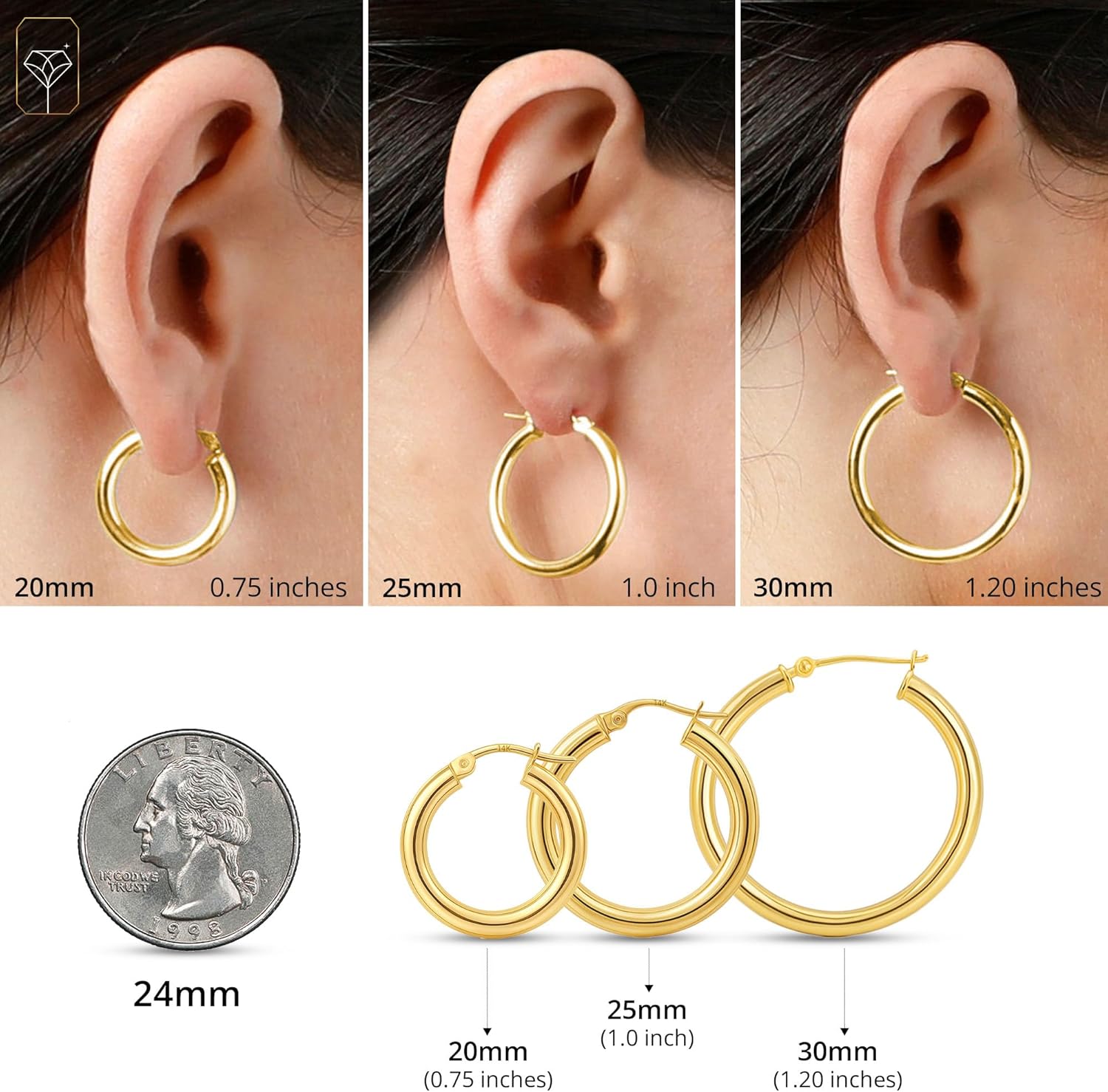 14k Gold Hoop Earrings for Women | Hypoallergenic 20MM, 25MM and 30MM Tube Hoop Earrings with Secure Click Tops |14k Yellow Gold or White Gold Classic Hoop Earrings in 3MM Thick Tube by MAX + STONE