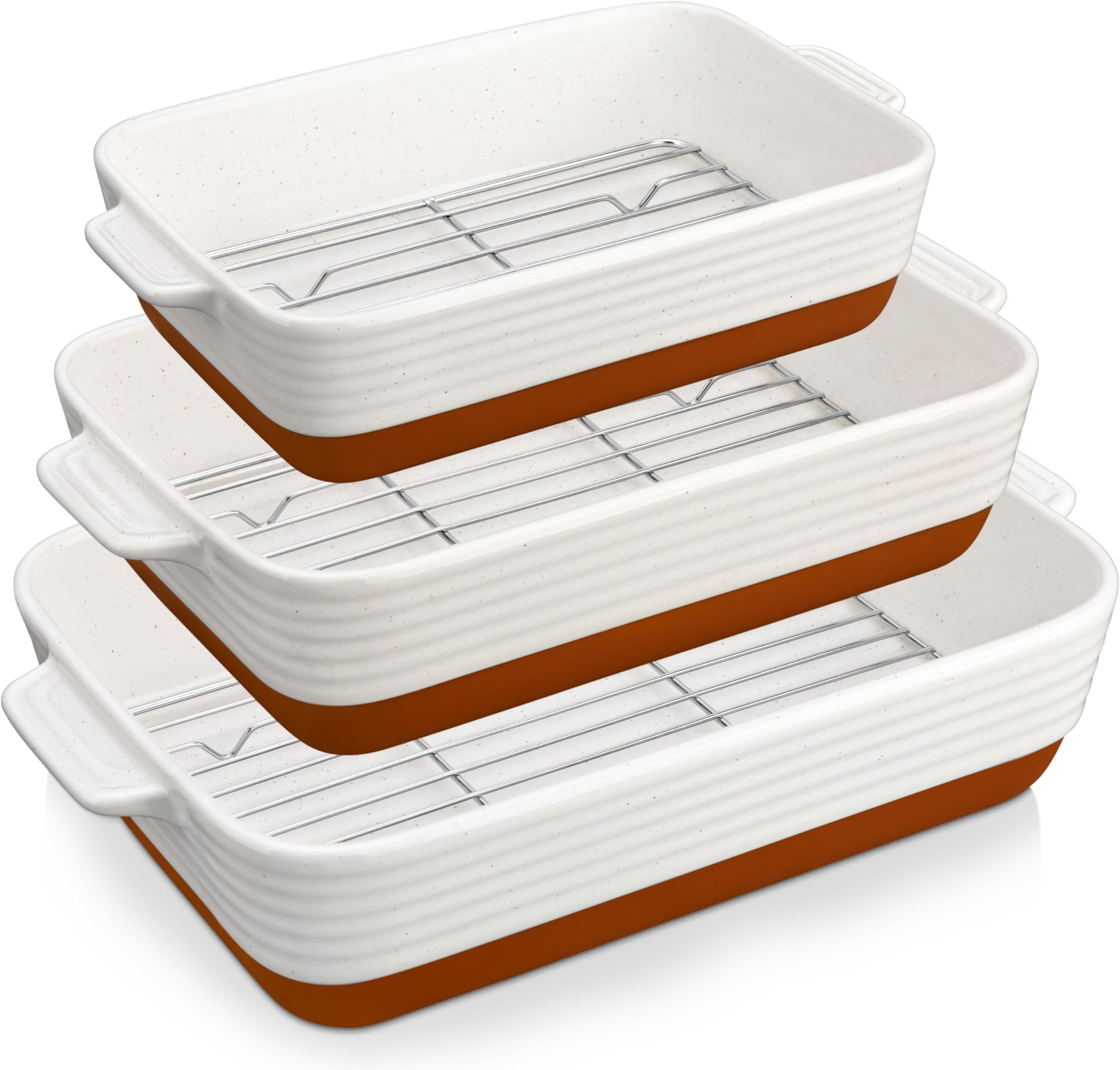 MALACASA Ceramic Baking Dish Set with Roasting Racks, 1.45/2.7/3.8L Deep Casserole Dishes for Oven, Rectangular Lasagne Dish with Handles, Set of 3, Khaki White (14.5"/13"/10.5"), Series Tara