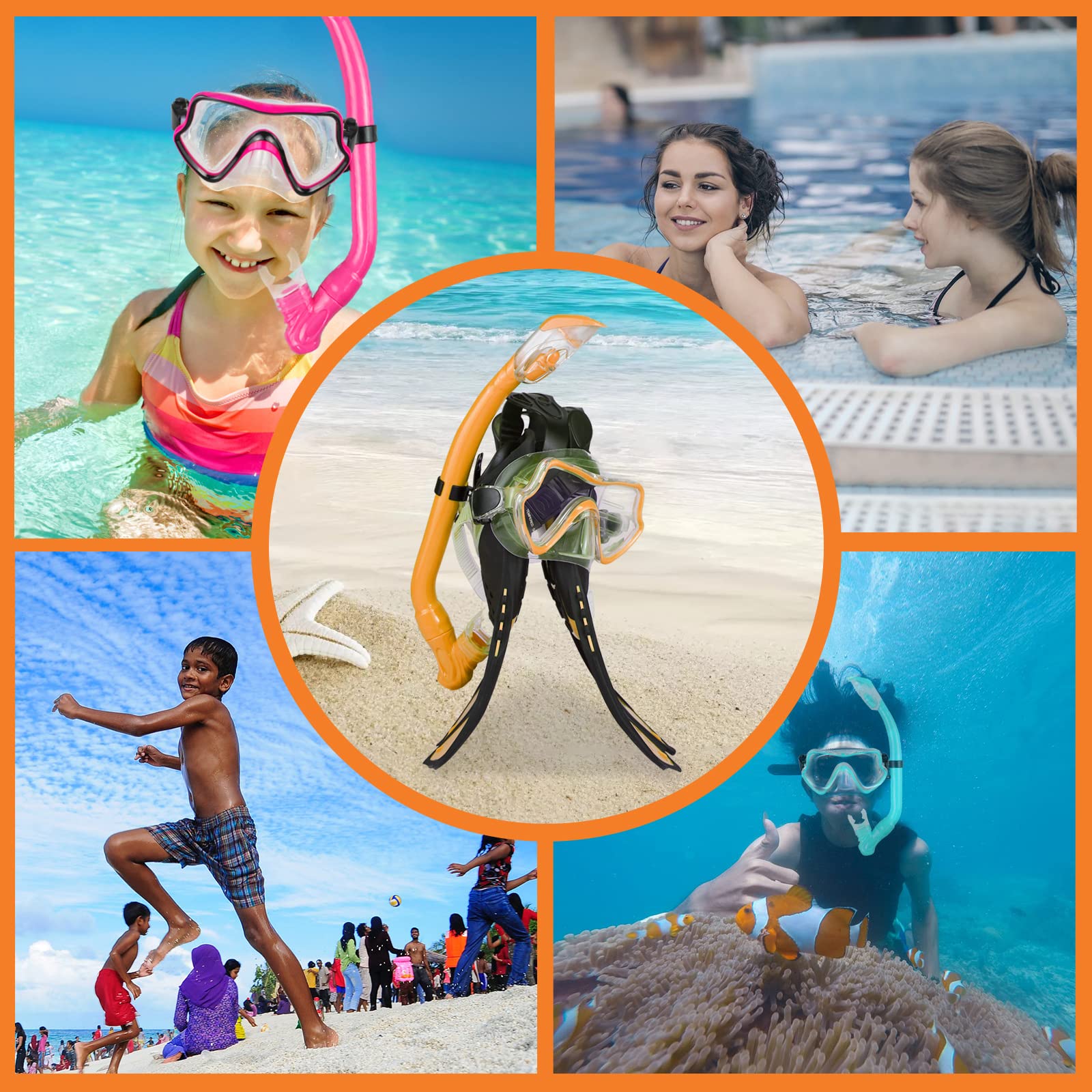 Set da snorkeling per bambini, pinne regolabili + maschera panoramica + tubo da snorkeling asciutto + borse da viaggio - adatto per bambini e ragazzi, età 5-14 anni