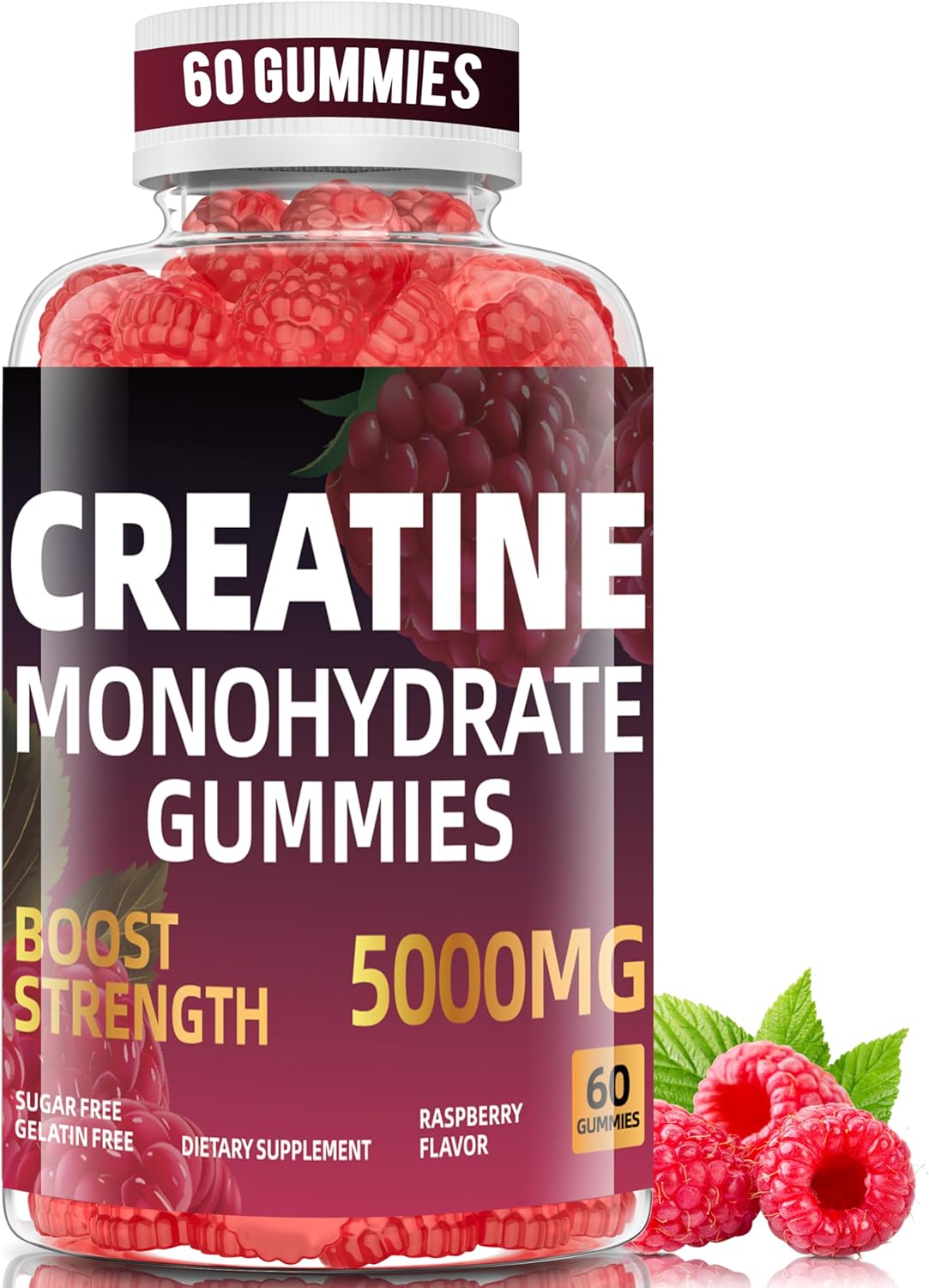 Creatine Monohydrate Gummies 5000mg per Serving, 60 Raspberry Flavored Gummies, Sugar Free, Gelatin Free, Vegan, Muscle Growth, Strength & Energy for Men & Women
