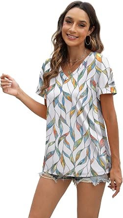 WEESO Womens T Shirts Short Sleeve Summer Tops Cute V Neck Casual Blouses