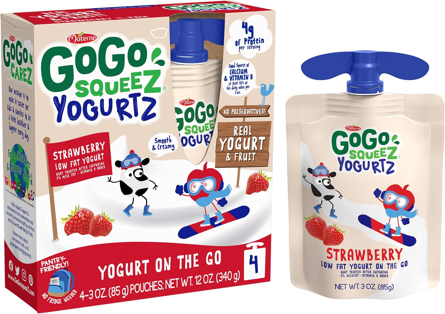 GoGo squeeZ yogurtZ, Strawberry, 3.2 Ounce (4 Pouches), Low Fat Yogurt, Gluten Free, Pantry-friendly, Recloseable, BPA Free Pouches