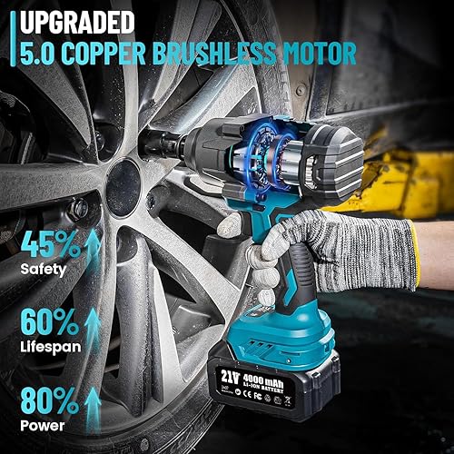 Miniatura 5 de Seesii Llave de impacto inalámbrica de 1000 Nm (738 pies-libras) de alto par, pistola de impacto sin escobillas de 12 pulgada con dos baterías de