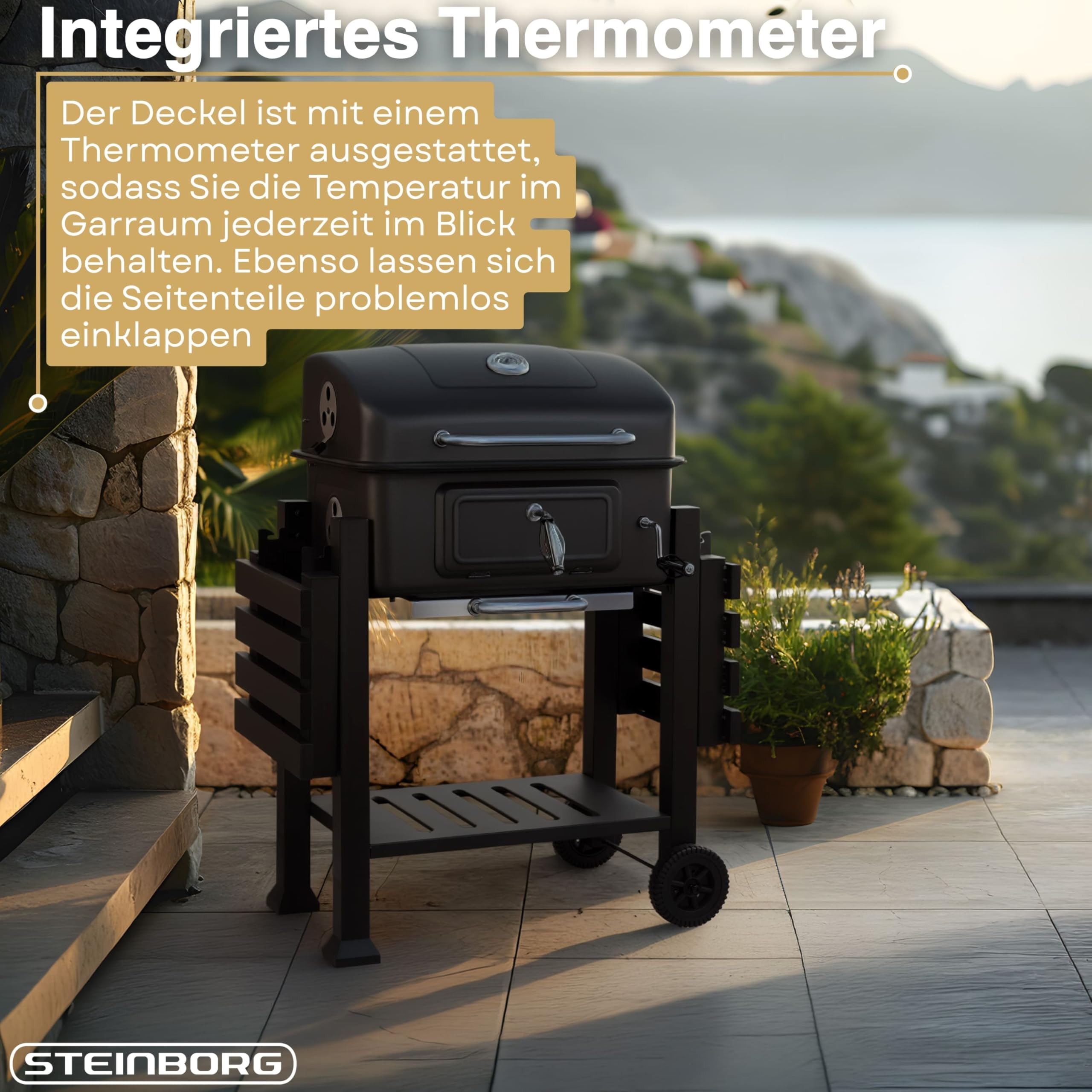 Steinborg® Holzkohlegrill mit Deckel & Thermometer – BBQ Grillwagen fahrbar mit 2 Grillrosten, Warmhalterost, höhenverstellbarer Kohlewanne, Thermometer, Ascheschublade & Seitenablagen