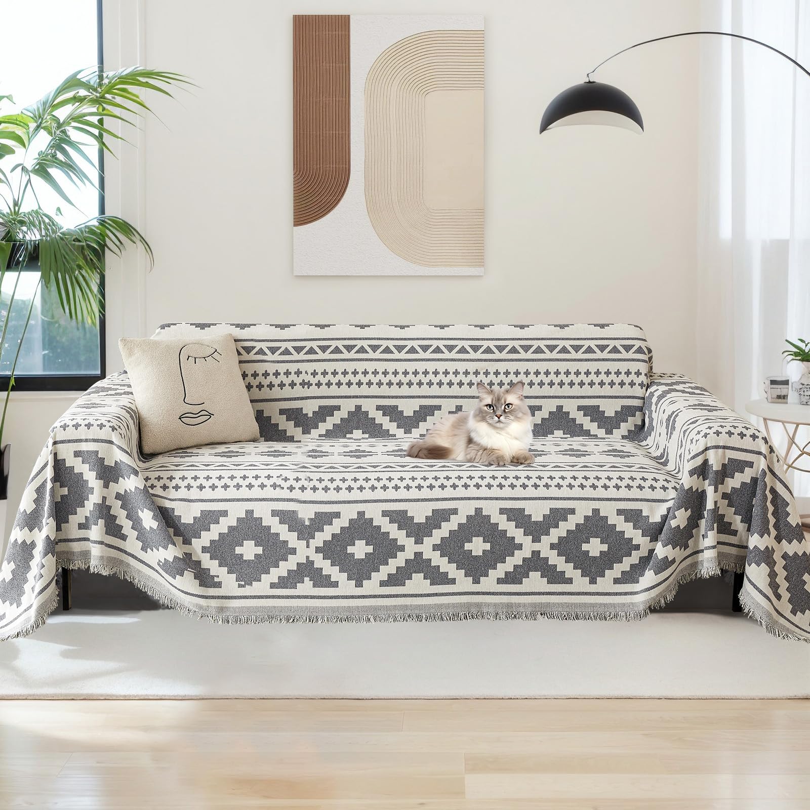 LiveGo Chenille AB Sided Sofa Cover for 3 Seater, Soft Non-Slip Slipcover with Tassel