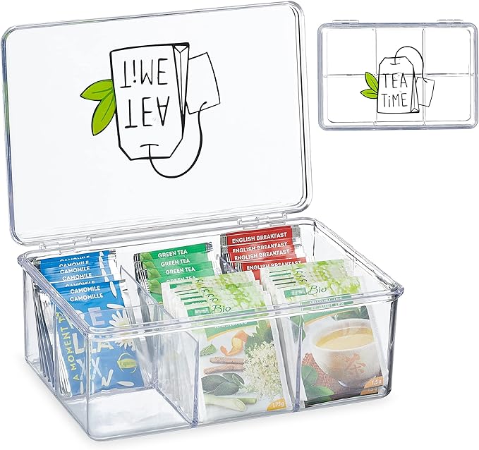 Relaxdays Teebox, Kunststoff, 6 Fächer, Teekasten mit Deckel, HBT: 9 x 21,5 x 15 cm, Teebeutel Aufbewahrung, transparent Relaxdays Teebox, Kunststoff, 6 Fächer, Teekasten mit Deckel, HBT: 9 x 21,5 x 15 cm, Teebeutel Aufbewahrung, transparent