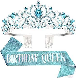 DRESHOW Birthday Crown and Sash for Women Birthday Queen Sash & Rhinestone Tiara Set Birthday Tiaras and Sashes for Girls Birthday Decorations Hair Accessories Glitter Sash for Party