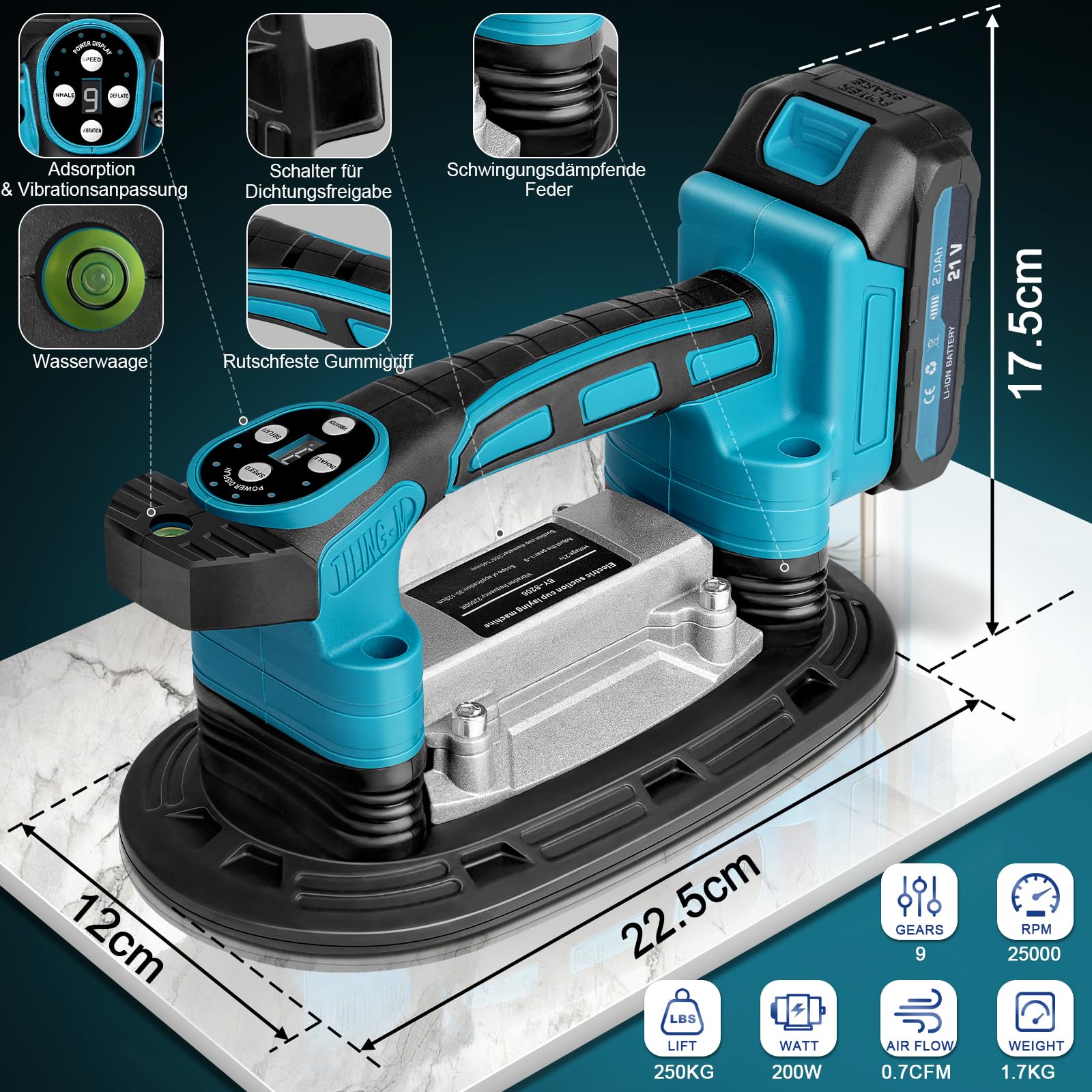 2 IN 1 Akku Fliesenrüttler & Saugnäpfen mit 2x2000mAh Akkus, Fliesenvibrator mit 22.5x12 Saugnapf | 250KG Adsorption | 9 Gang Einstellbaren 25000u/min Fliesenmaschine für 0.3-1.8m Fliesen Wandfliesen