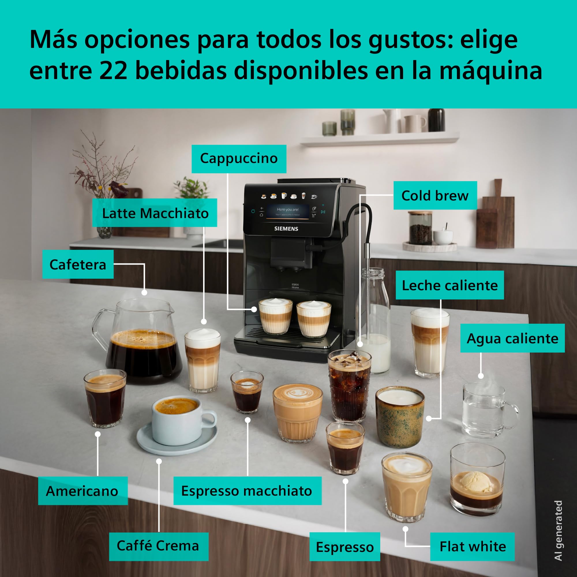 SIEMENS, Cafetera superautomática EQ600 iAroma Negro, TP601E09 | Facil de usar y limpiar, con molinillo y pantalla tactil. Prepara dos tazas a la vez