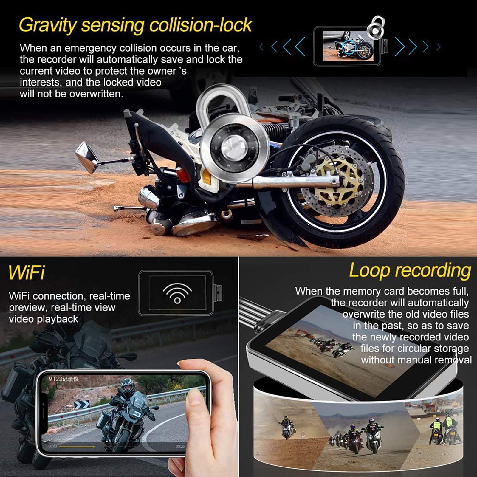 Motorcycle WiFi Dash Cam con pantalla táctil de 4 pulgadas, cámara de lente dual 1080P, grabadora de video de ciclo exterior con rastreador GPS, controlador de alambre, sensor G, grabación de bucle