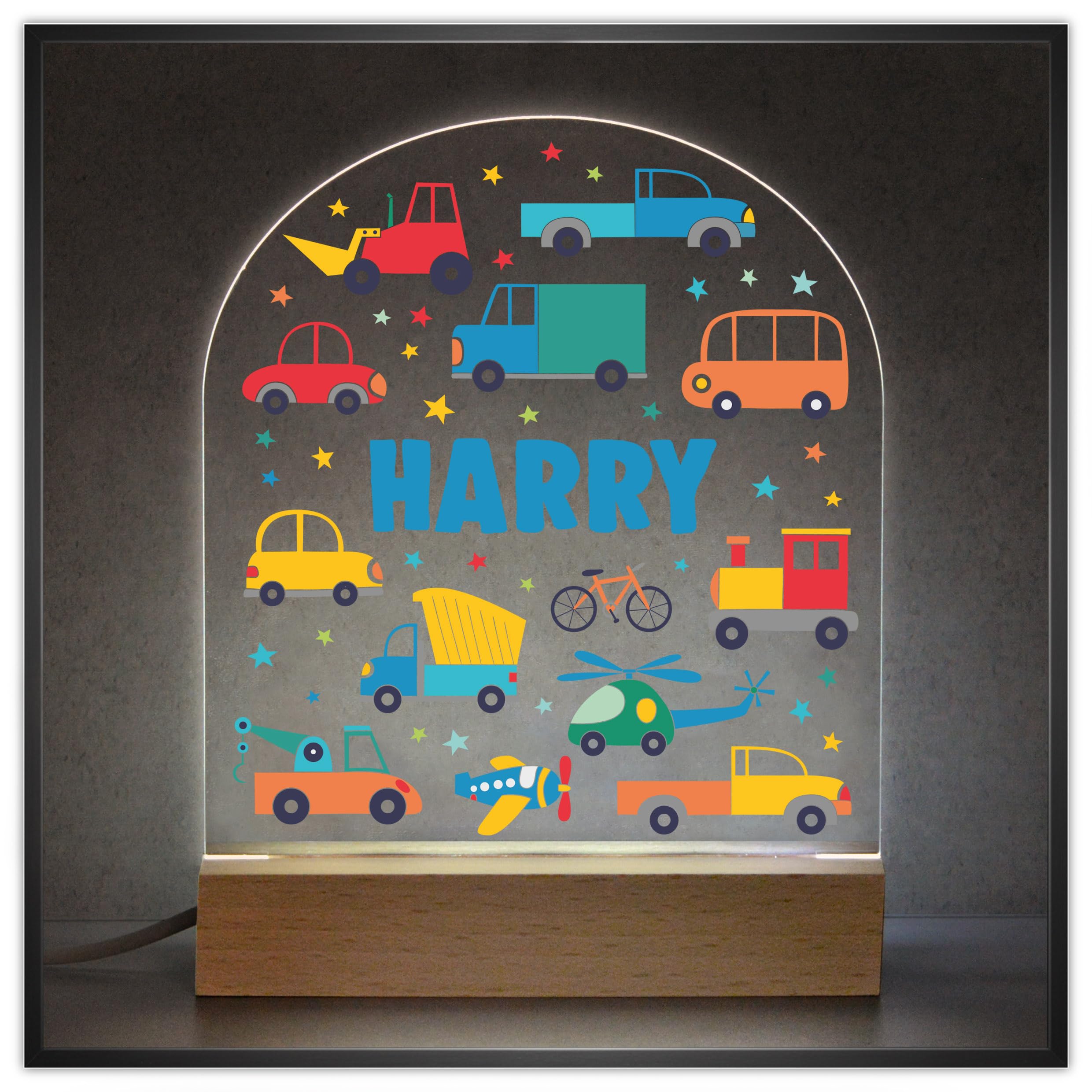 Beecreative Personalised Boys Cars and Vehicles Bedroom Light - Custom LED Nursery Night Lamp Gift with Any Childs Name