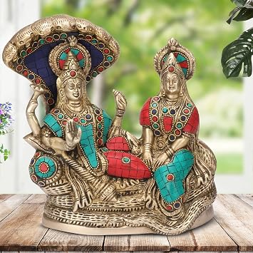 Kartique Brass Vishnu Laxmi Idol for Spiritual Home Decor in Multicolor Height 8 Inch