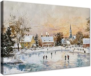 Novatique Vintage Christmas Wall Art Prints Winter Pictures Wall Decor Ice Skating Rink Holiday Oil Painting Print for Bedroom Living Room Ready to Hang,24 x 36inch