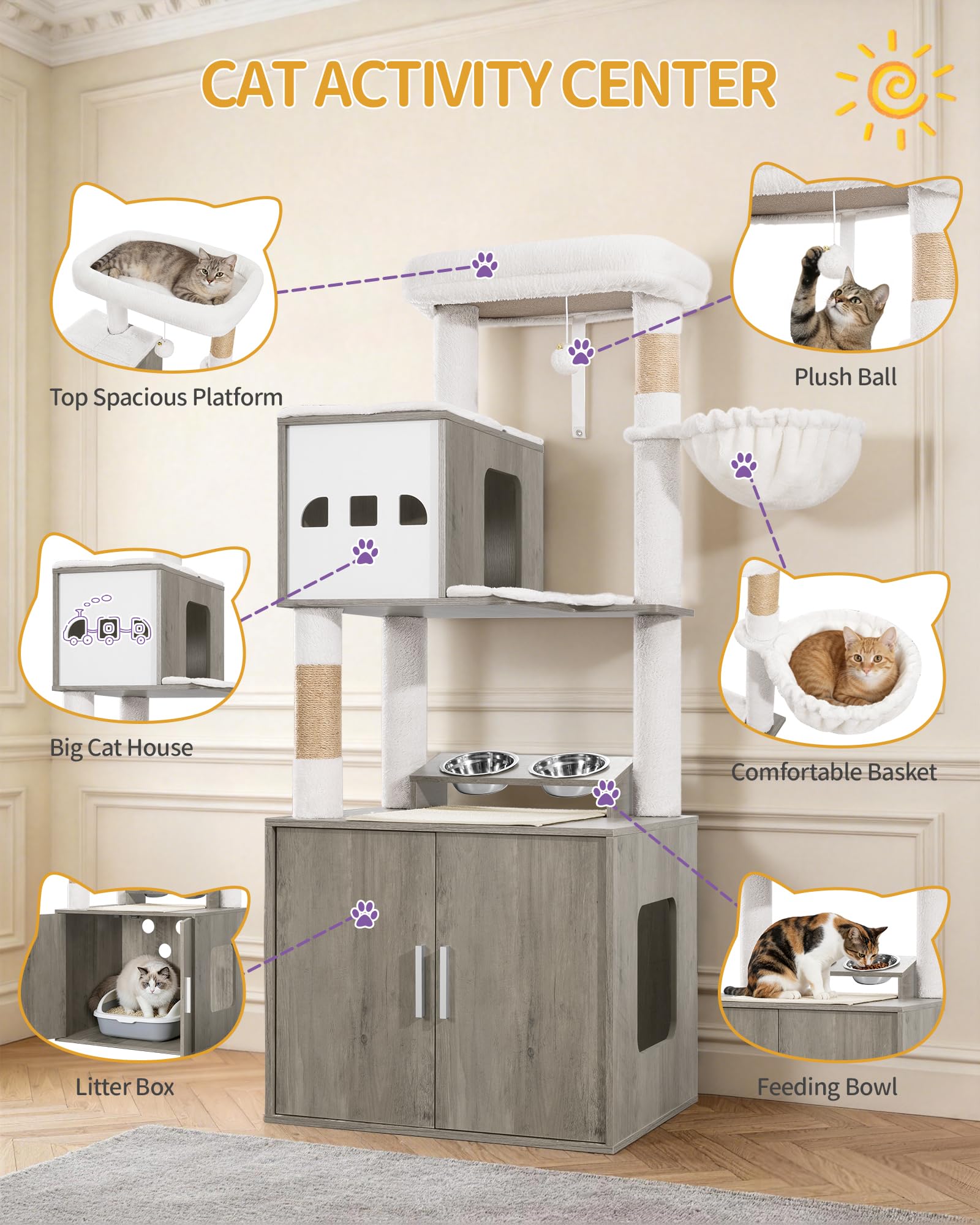 Hzuaneri Arbre à Chat avec Meuble Litiere Chat, 150 cm Haut, Sisal, Grège | Mangeoire, Maison de Toilette Chat, Grande Plateforme, Colonne Balles Peluche, Coussin Lavable, Balles en Peluche, CB88405WT