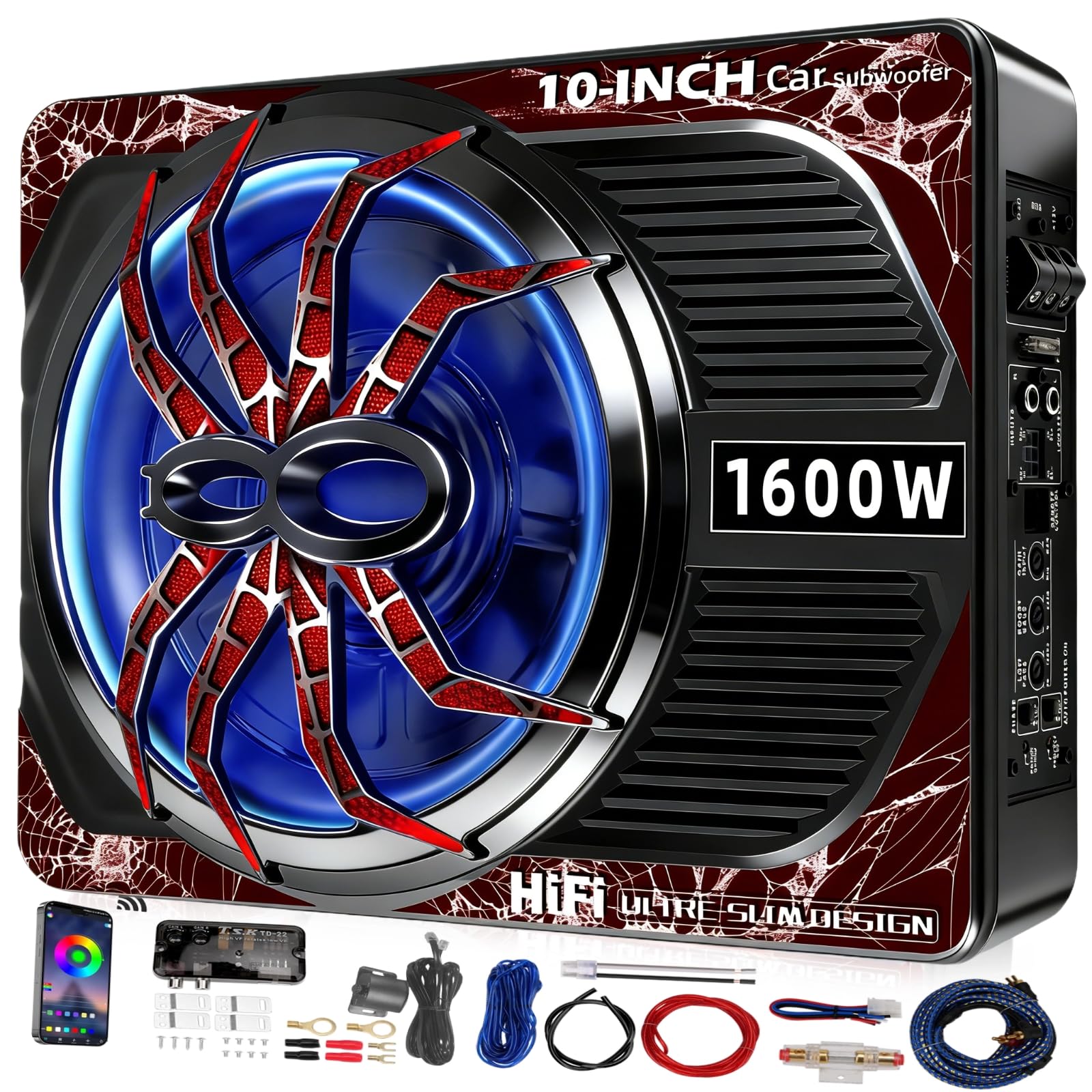 Photo 1 of 1600W 10" Slim Under Seat Subwoofers with Built-in Amp | LED Ambient Light, Deep Bass, Individual Controls (LPF/Gain/Bass Boost), High Output Distortion-Free Audio, Suitable for All Vehicle Models
