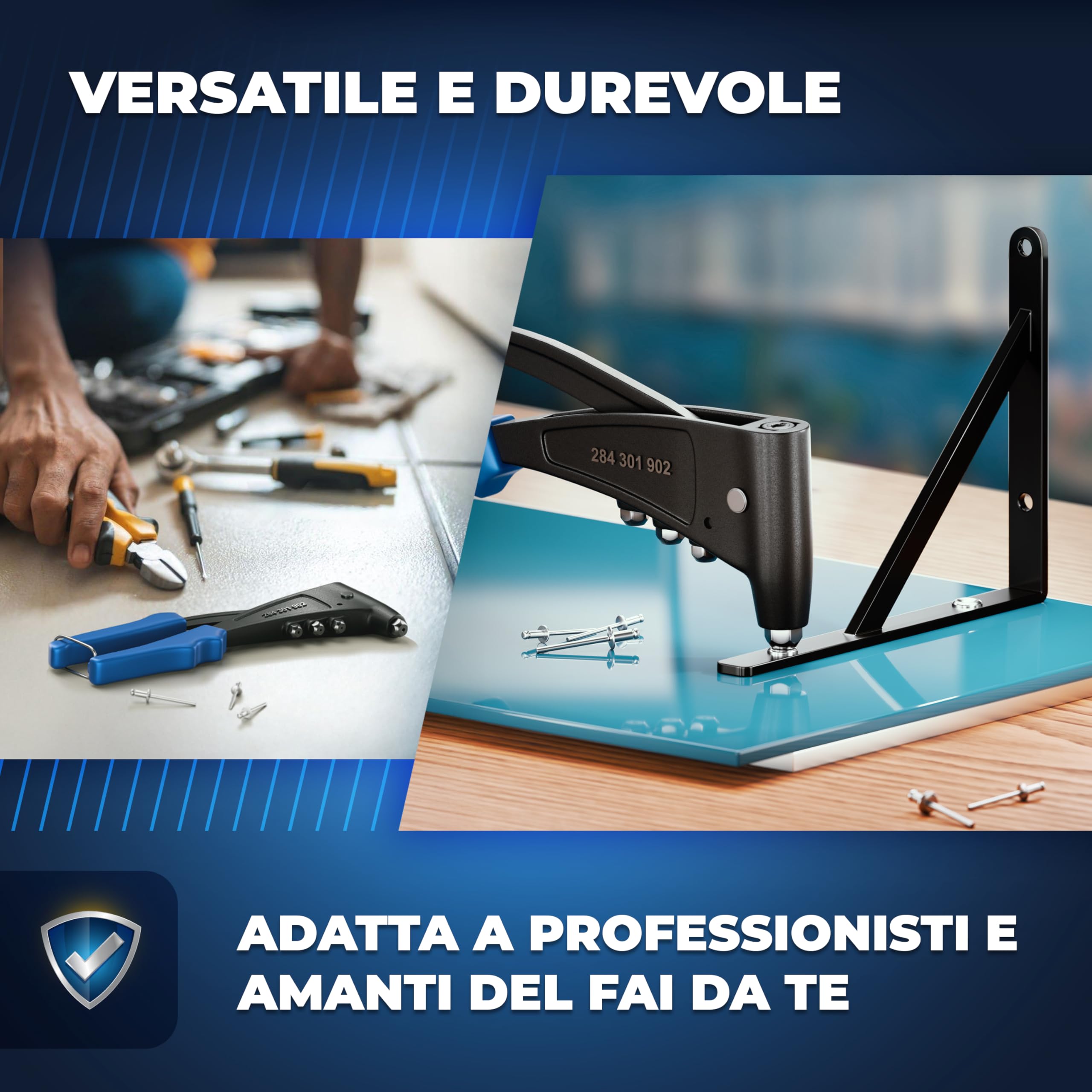 S&R Rivettatrice Manuale Professionale con 470 Rivetti. Pinza Professionale per Rivetti in Alluminio e Acciaio Inox per Fori Ciechi, Tenaglia per Rivetti a Strappo con 4 dadi, 1 Chiavetta, 1 Box.