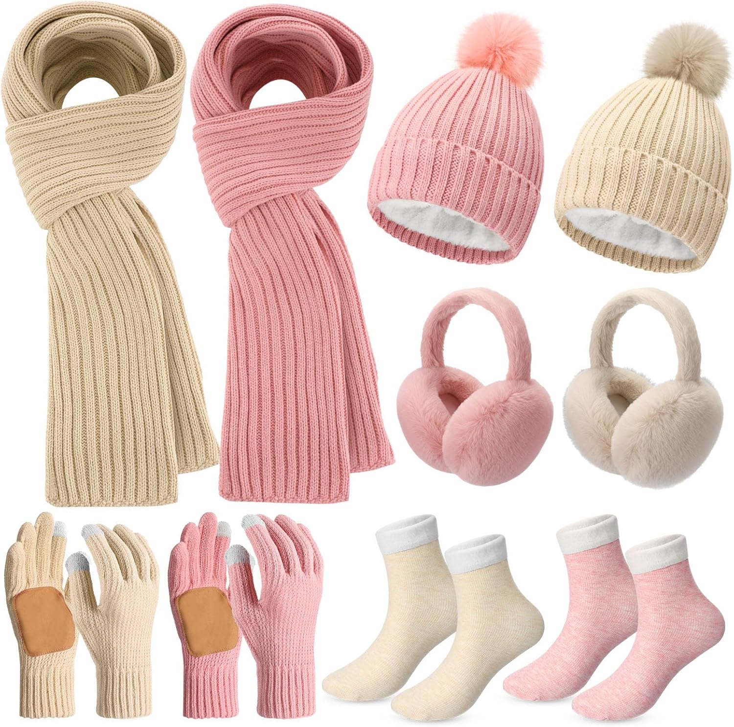 10 Pcs Women Beanie Hats Winter Scarf Gloves Ear Muffs Fuzzy Socks Sets Warm Hat Scarf Glove Sets Winter Gifts(Beige and Pink)