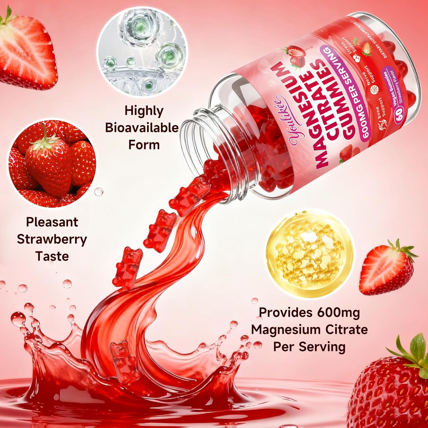 Magnesium Citrate Gummies, High Absorption Magnesium Gummies for Adults, Magnesium Supplement for Relaxation, Vegan, Sugar-Free, Strawberry Flavor, 60 Count - Image 6