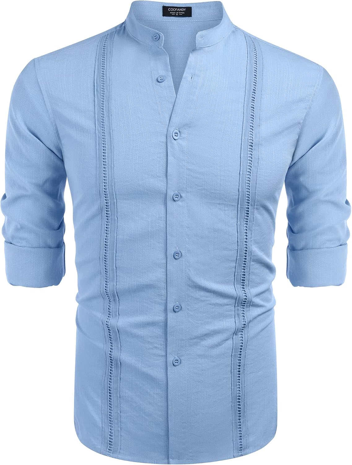 COOFANDY Men's Cuban Guayabera Shirt Casual Long Sleeve Button Down Shirts Band Collar Linen Summer Beach Shirt - Image 4