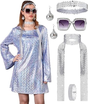PARTTELY 70s Disco Outfit Women, 70s Theme Disco Dress Costume Shiny Go Go Dress for Halloween Birthday Dance Party