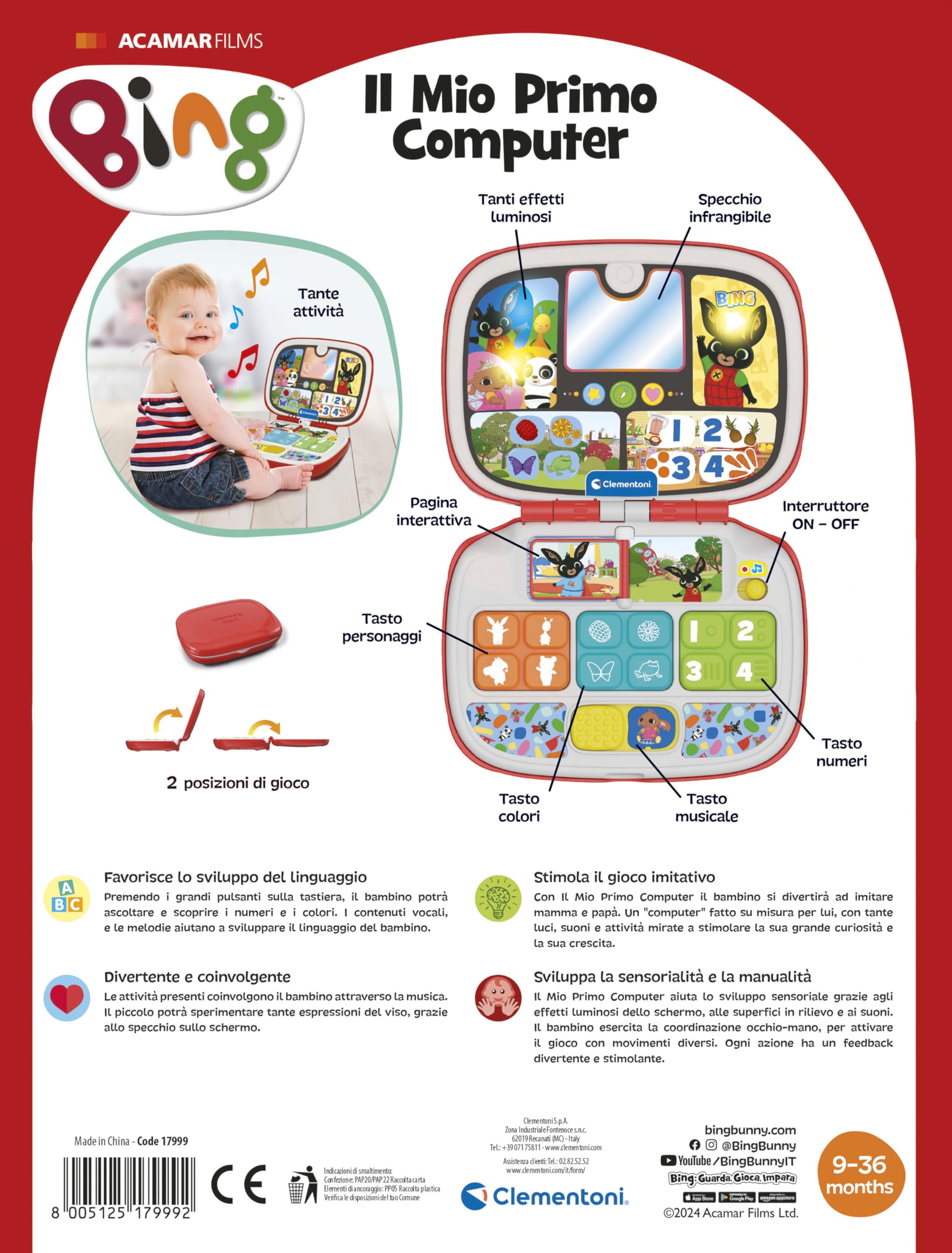 Baby Clementoni - Il Mio Primo Computer Bing, Gioco Educativo Computer Bambino 9-36 Mesi, Centro Attività Prima Infanzia, Insegna Lettere, Numeri, Note e Colori, Lingua Italiana, 17999