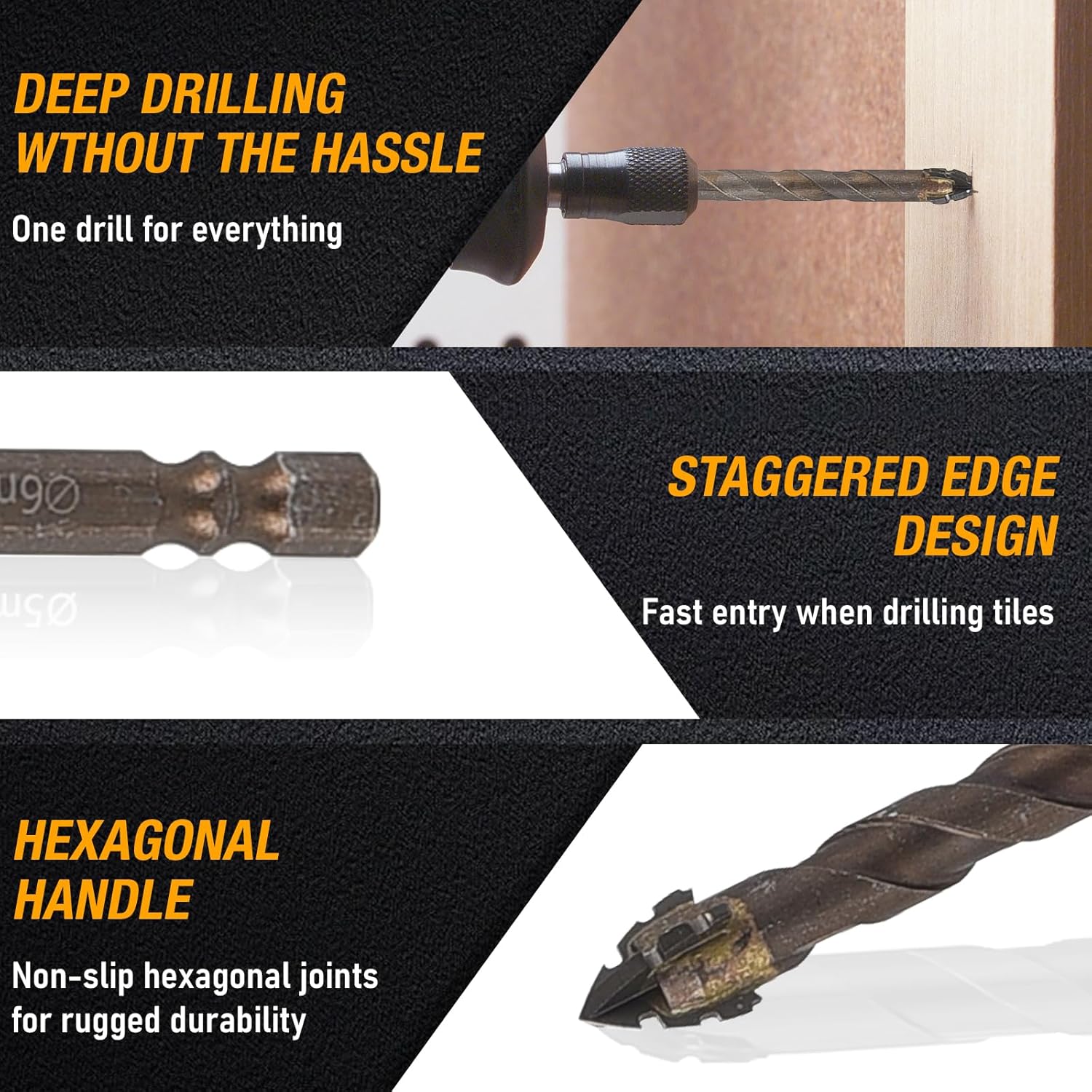 10Pcs High Strength Four Edged Serrated Eccentric Drill Bit Set, Hex Shank Four-Flute Sawtooth Eccentric Twist Drill Bits for Concrete Masonry Wood Stone Brick Glass Tile (5+5+6+6+6+6+8+8+10+12mm)