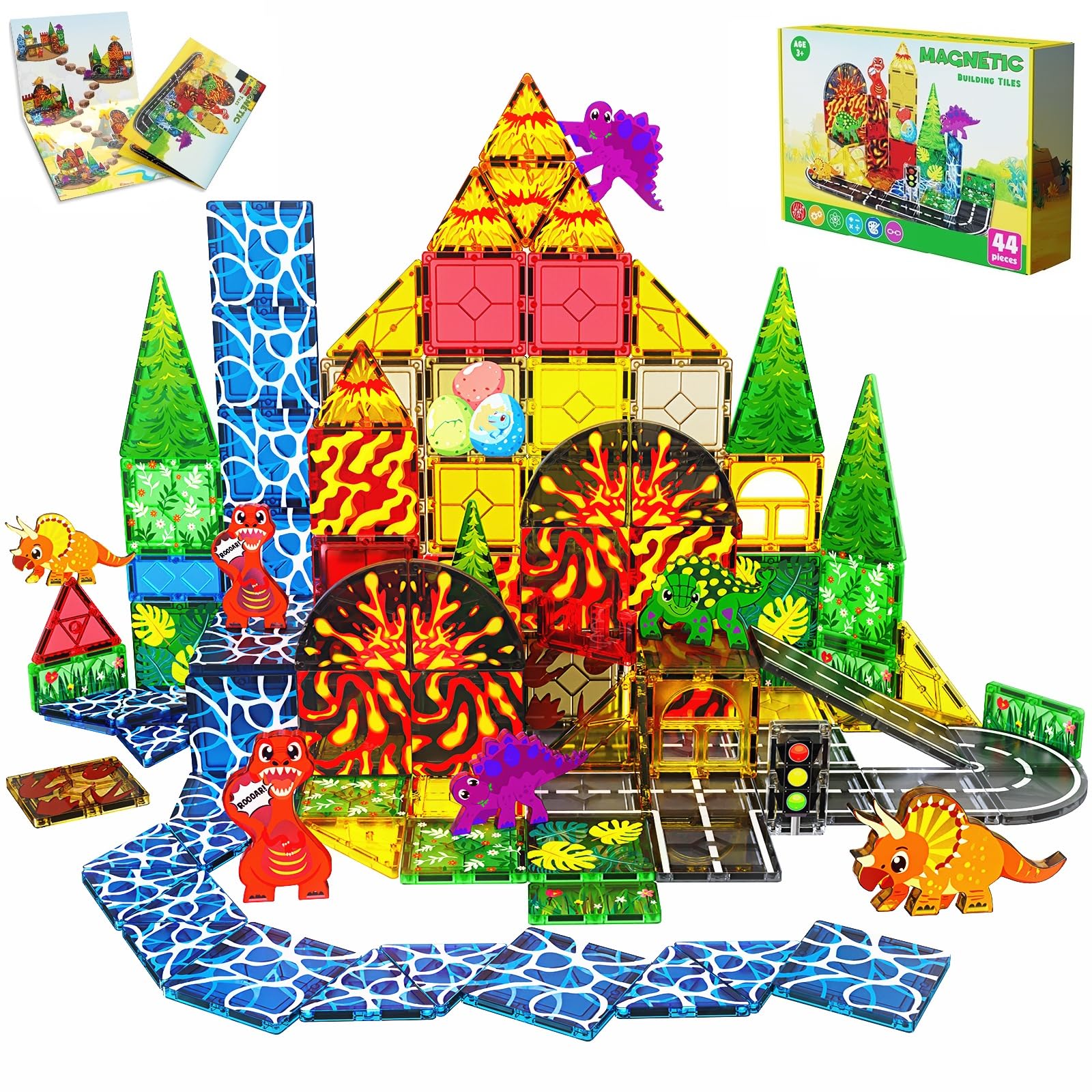 Magneverse Magnetic Tiles, Lava Dinosaur World Set Magnatiles for Kids, Magnetic Blocks Magnet Building Toys for Kids Age 1-3 3-5 5-7 8-12, Holidays Birthday Gifts for Boys Girls