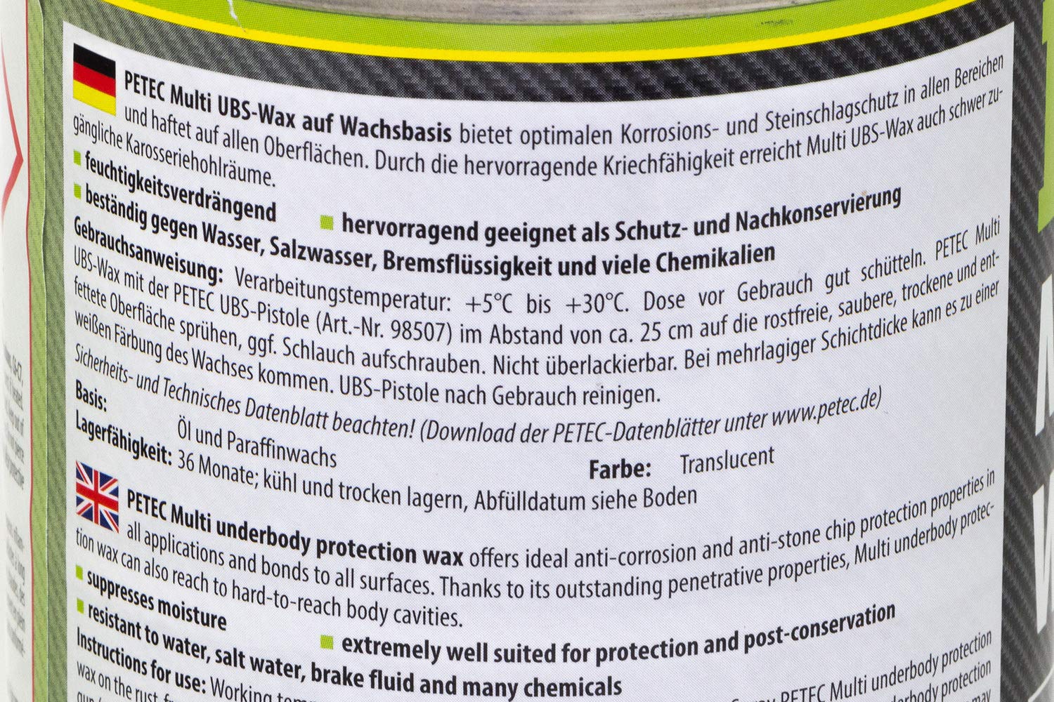 5x 1000 ml Petec UBS Wax Unterbodenschutz auf Wachsbasis Saugdose transparent