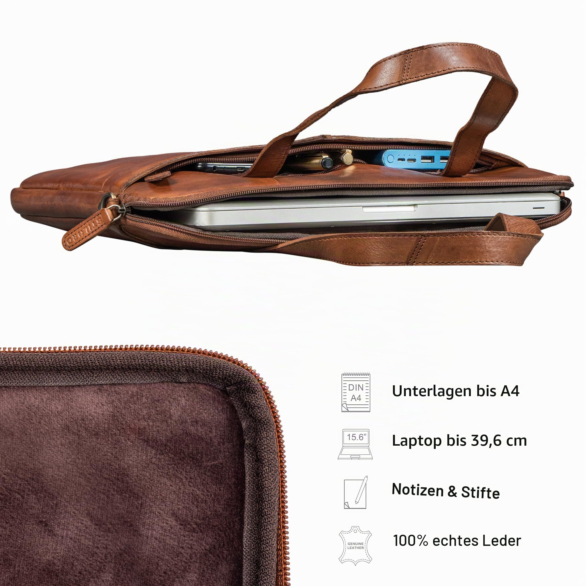 STILORD "Leonel Schmale Laptoptasche 15.6 Zoll Leder Braun Aktentasche Herren Notebooktasche Echtleder Laptop Sleeve Dünne Business Umhängetasche mit Schultergurt & Griff